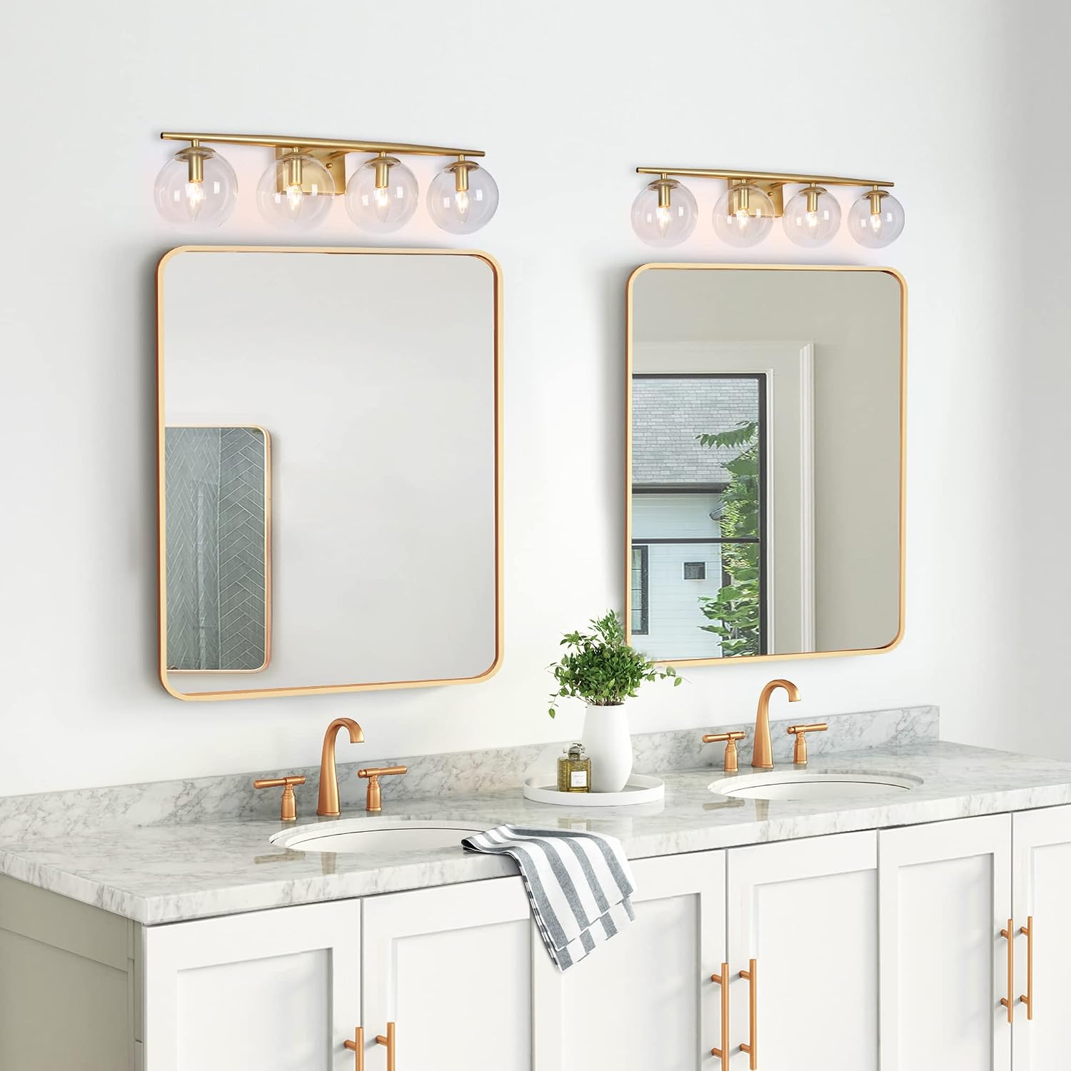 KSANA Gold Bathroom Light Fixtures, Modern Bathroom Vanity Light fixtures Over Mirror, 4 Light Bathroom Lights with Clear Globe Glass Shades and Taper Arm