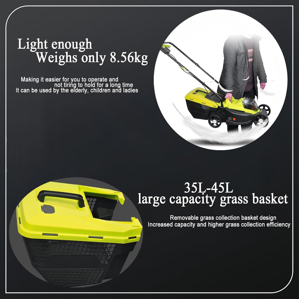 Portable Cordless Lawn Mower, Electric Lawn Mower, Dual Battery, 3400 RMP High Speed Mower, with Large 45 L Grass Box, 33 Cm Cutting Width, 30/50/70 Mm, 3 Adjustable Cutting Heights