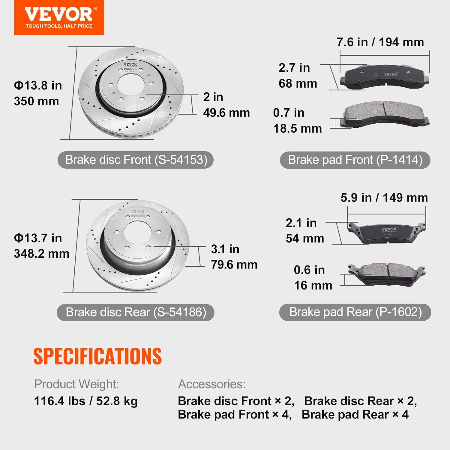 VEVOR Brake Kit Front and Rear, Compatible with 2012-2020 Ford F-150 (MPB only), Drilled and Slotted Brake Rotors Ceramic Brake Pads Replacement, 13.8' Front Rotors 13.7' Rear Rotors