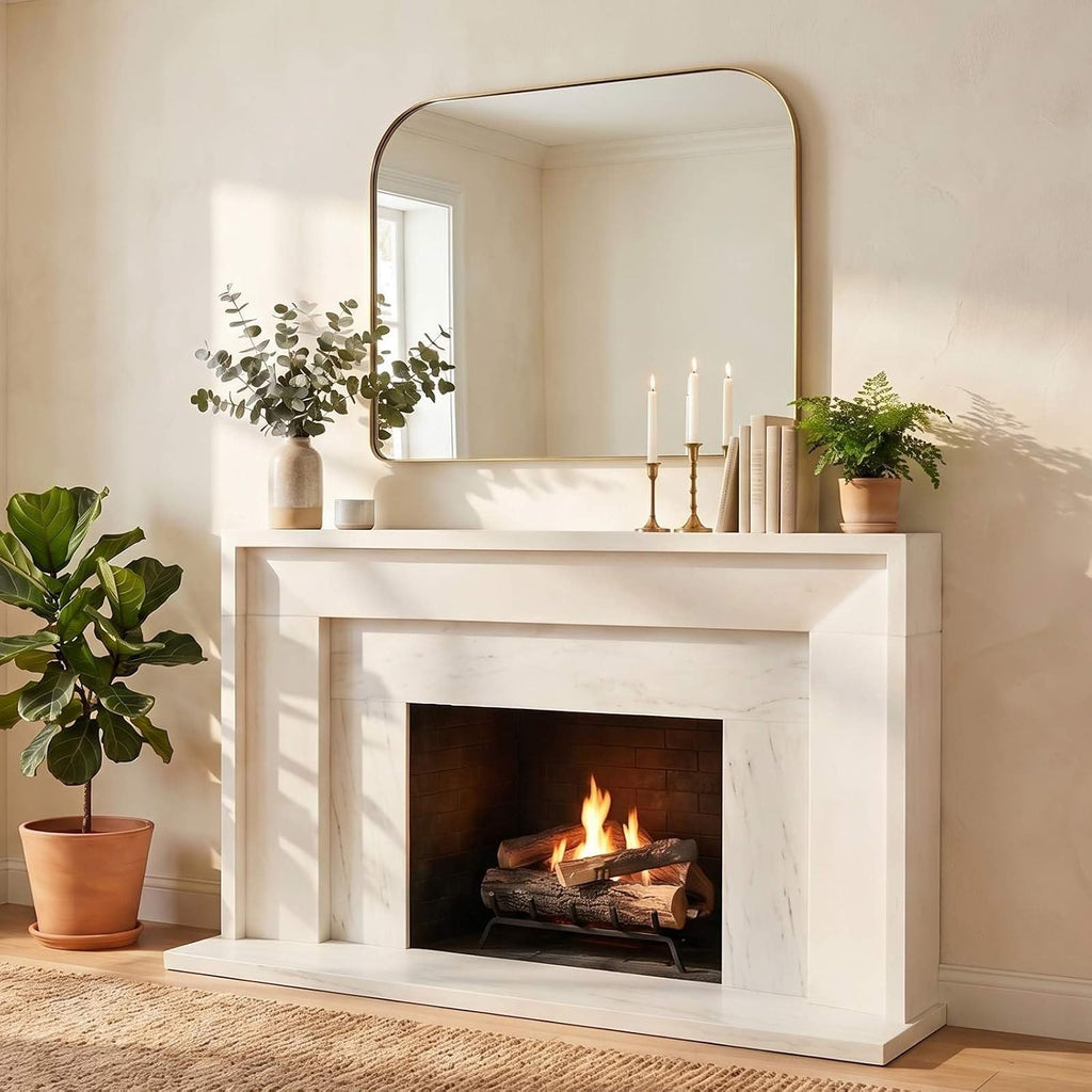 ANDY STAR 36x30 Brushed Gold Brass Bathroom Vanity Mirror, Asymmetrical Soft Arch Rectangle Wall Mirror, Rust-Resistant Stainless Steel Frame, Sleek 1-Inch Depth, for Fireplace Mantel, Living Room