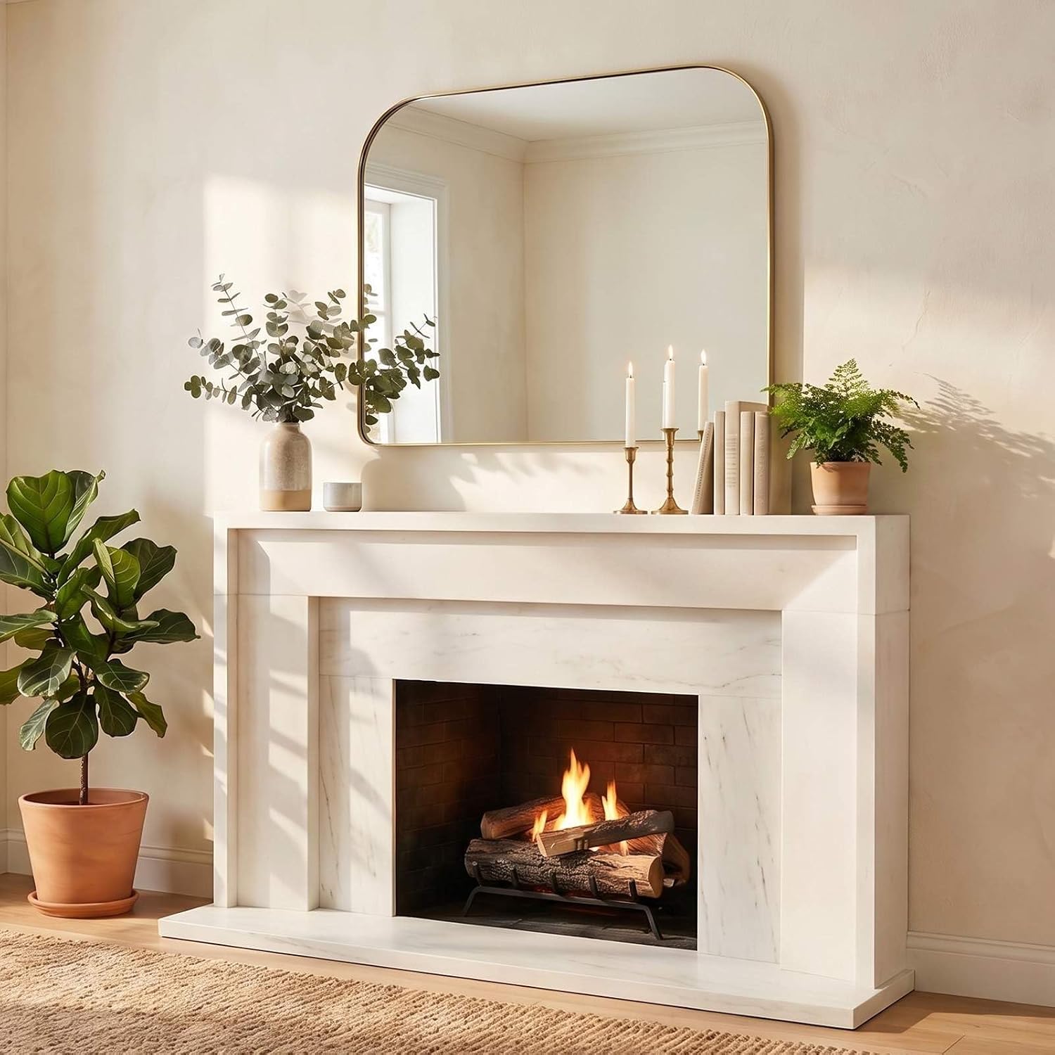 ANDY STAR 36x30 Brushed Gold Brass Bathroom Vanity Mirror, Asymmetrical Soft Arch Rectangle Wall Mirror, Rust-Resistant Stainless Steel Frame, Sleek 1-Inch Depth, for Fireplace Mantel, Living Room