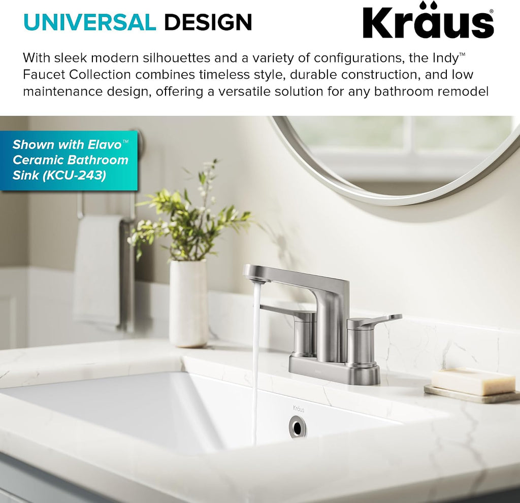 KRAUS Indy Centerset Bathroom Faucet in Spot-Free Brushed Nickel with 2 Handles, Pop Up Drain and Supply Lines, FUS-14102SFBN