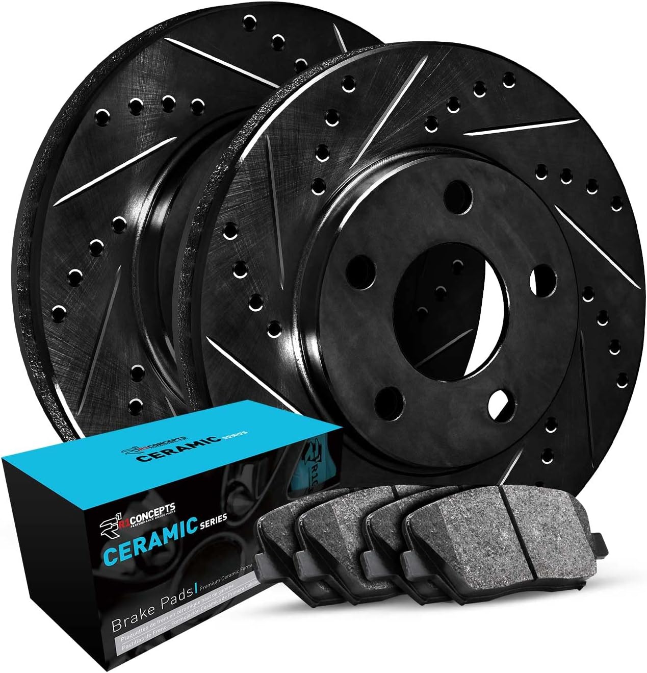 R1 Concepts Front Brake Kit Fits 2015-2020 Audi S3; 2019-2020 Audi A3; 2012-2016 Volkswagen CC; 2015-2019 Volkswagen Golf| Ceramic Brake Pads and Drilled Slotted Brake Rotors| 13.4' Front