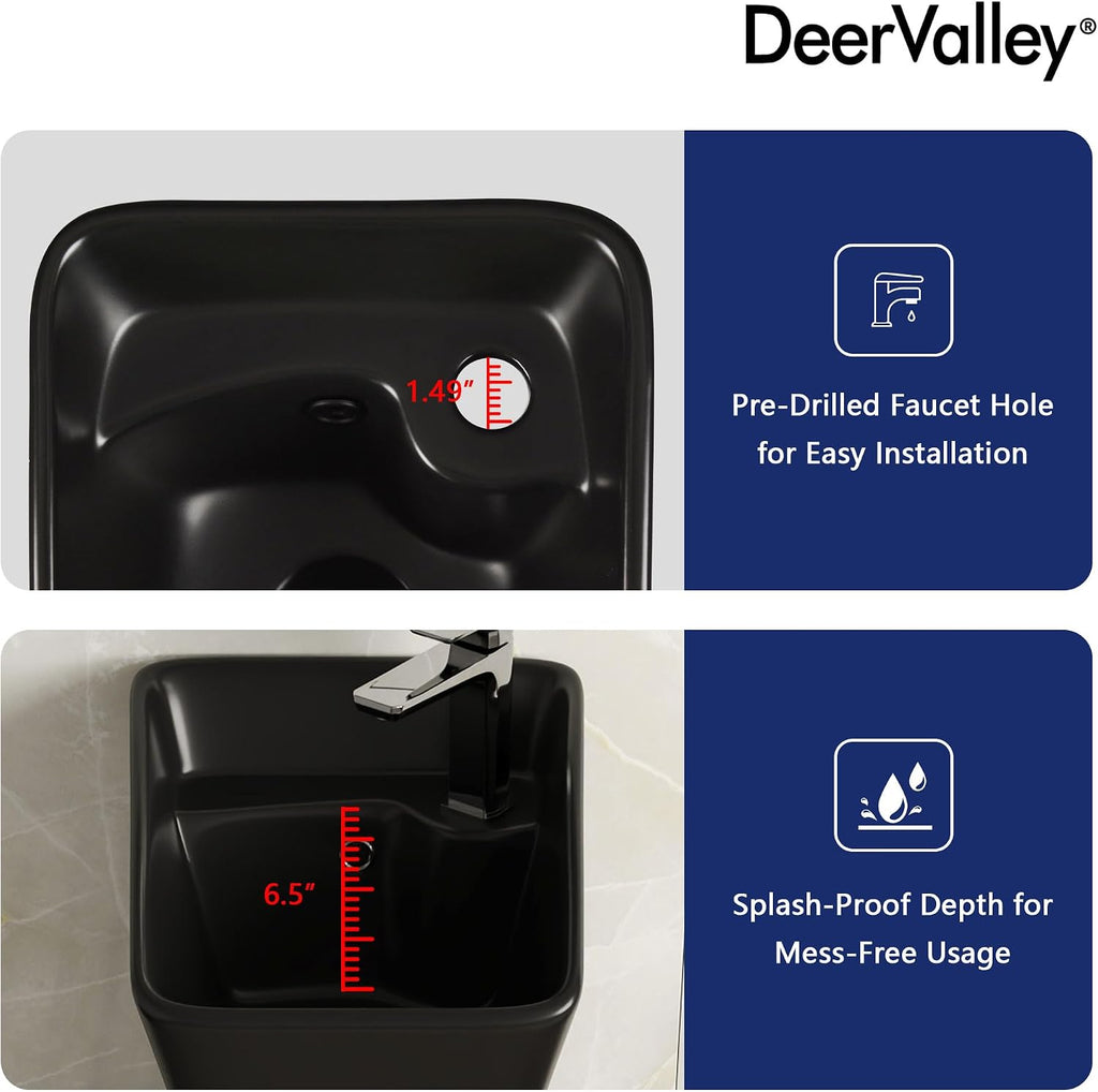DeerValley Horizon Black Pedestal Sink 11x13 Inch, Modern Ceramic Bathroom Vanity with Overflow for Small Spaces