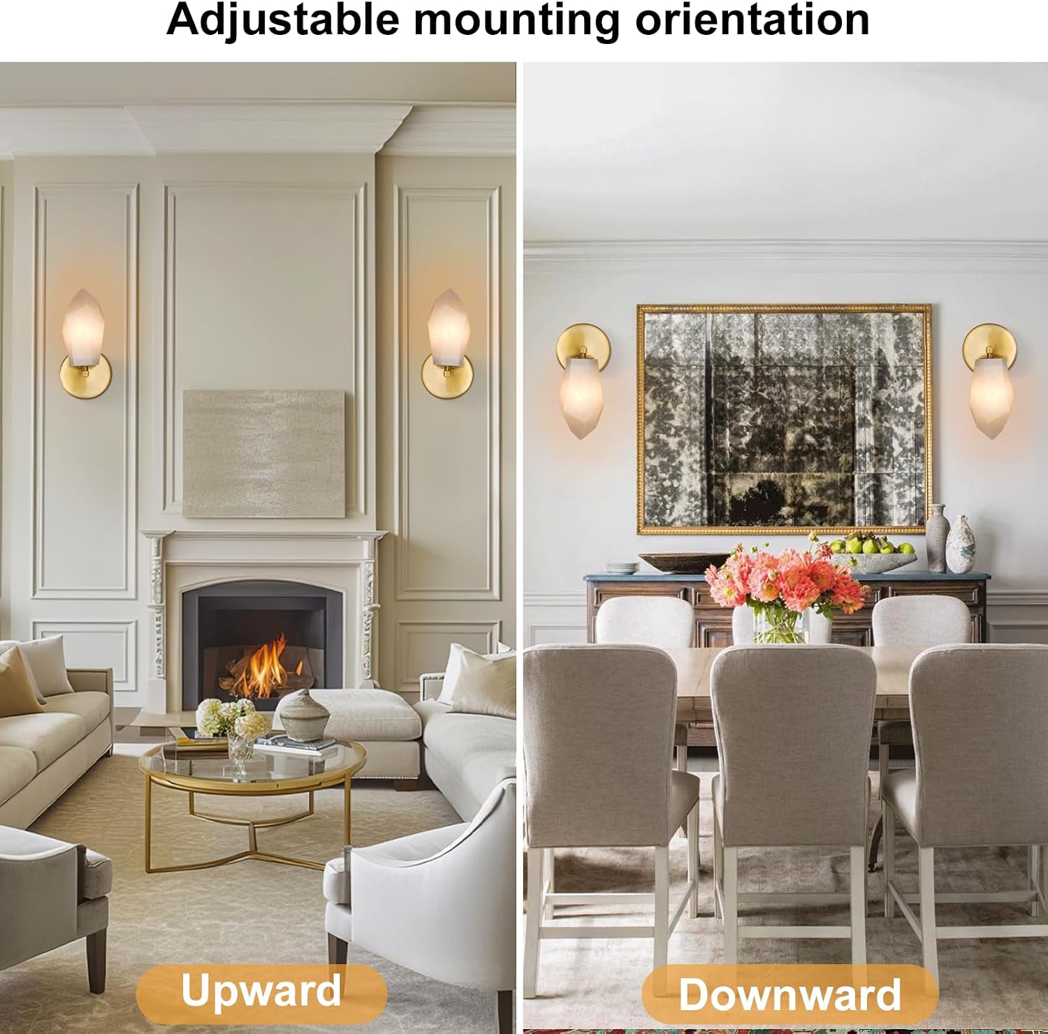Alabaster Wall Sconces Set of Two, Spanish Marble Wall Lamp, Modern Wall Sconce for Living Room, Hardwired Wall Lighting for Bedroom, Wall Light for Bathroom Hallway Stairs, Gold