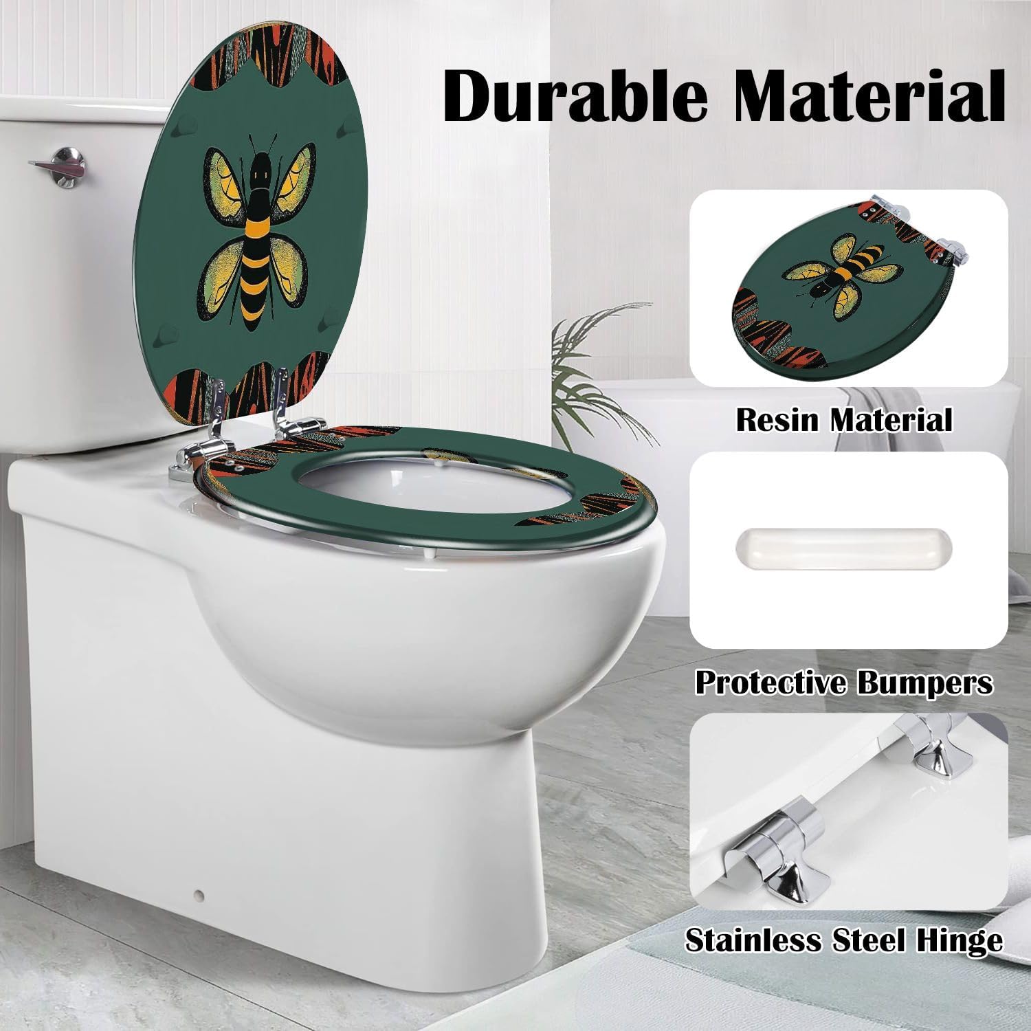 Elongated Toilet Seat honeybee abstracts designs geometric shapes black red Resin Toilet Seat Slow Quiet Close with Quick-Release Hinges Toilet Seat with Cover Easy to Clean Install