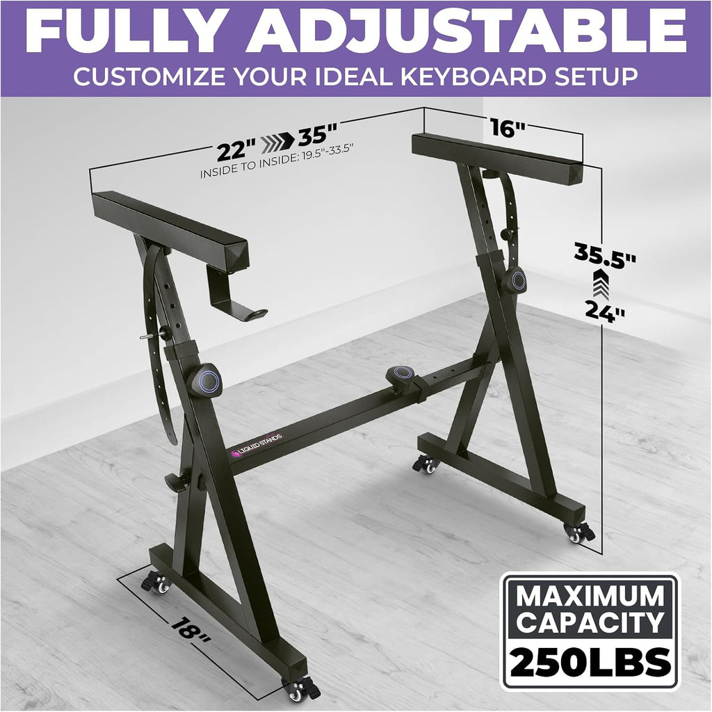 Liquid Stands Dual Piano Keyboard Stand w/ Wheels and 2nd Tier - Rolling Z Style Adjustable, Portable 2 Tier Heavy Duty Music Stand for Synths and Electric Digital Keyboards - Fits 54 61 88 Key Pianos