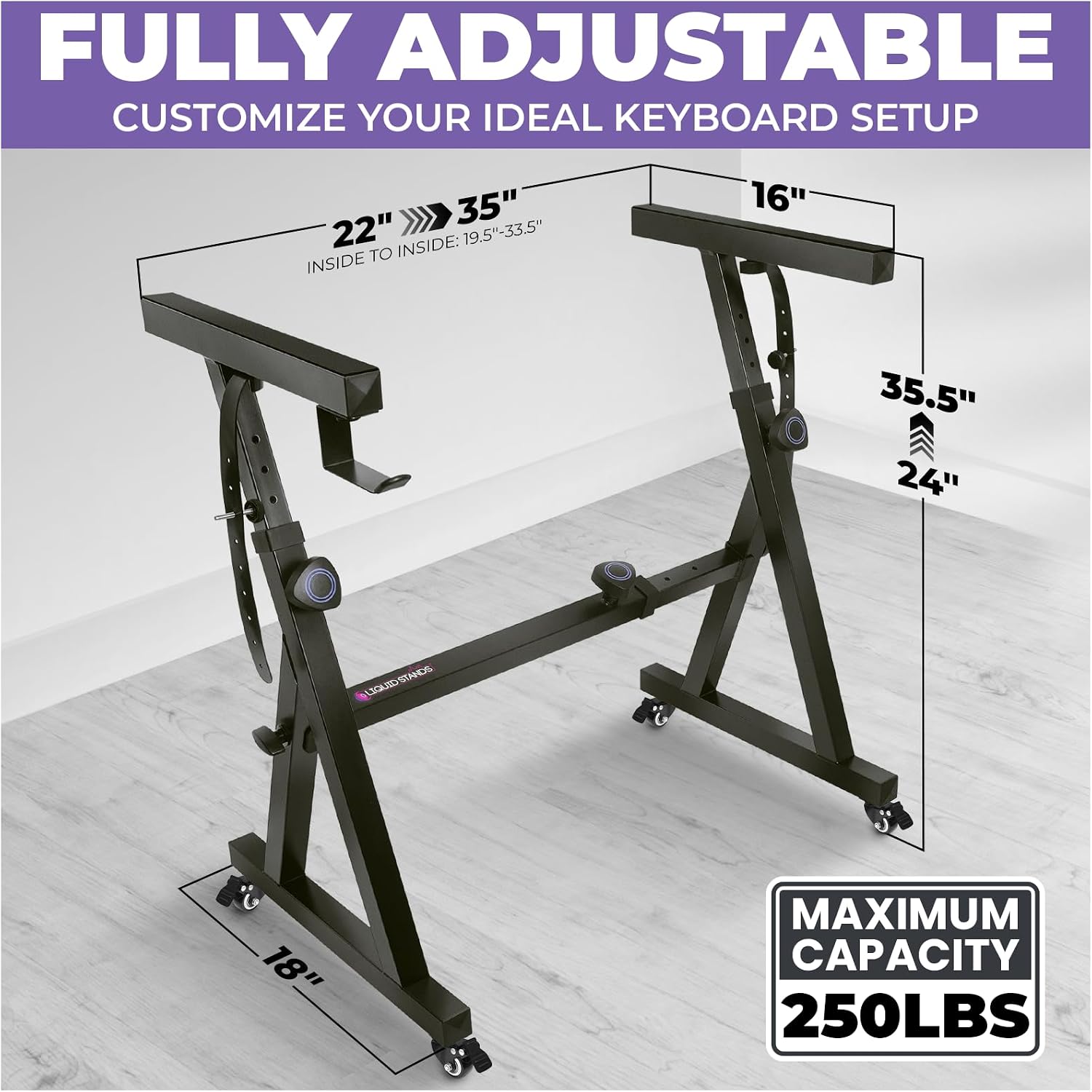 Liquid Stands Dual Piano Keyboard Stand w/ Wheels and 2nd Tier - Rolling Z Style Adjustable, Portable 2 Tier Heavy Duty Music Stand for Synths and Electric Digital Keyboards - Fits 54 61 88 Key Pianos