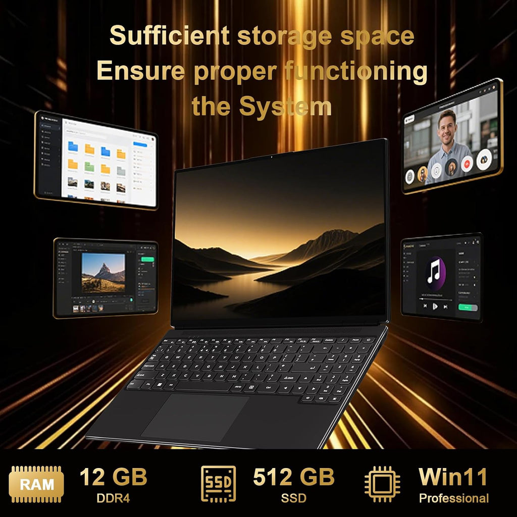 2025 16 Inch Gaming Laptop N5095 (Up to 2.9 GHz) 12GB+512GB SSD Support 1TB Expand Win 11 Laptops 1920 * 1200 FHD Screen 5G WiFi BT 4.2 Webcam Cooling Fan Numeric Keypad -Black