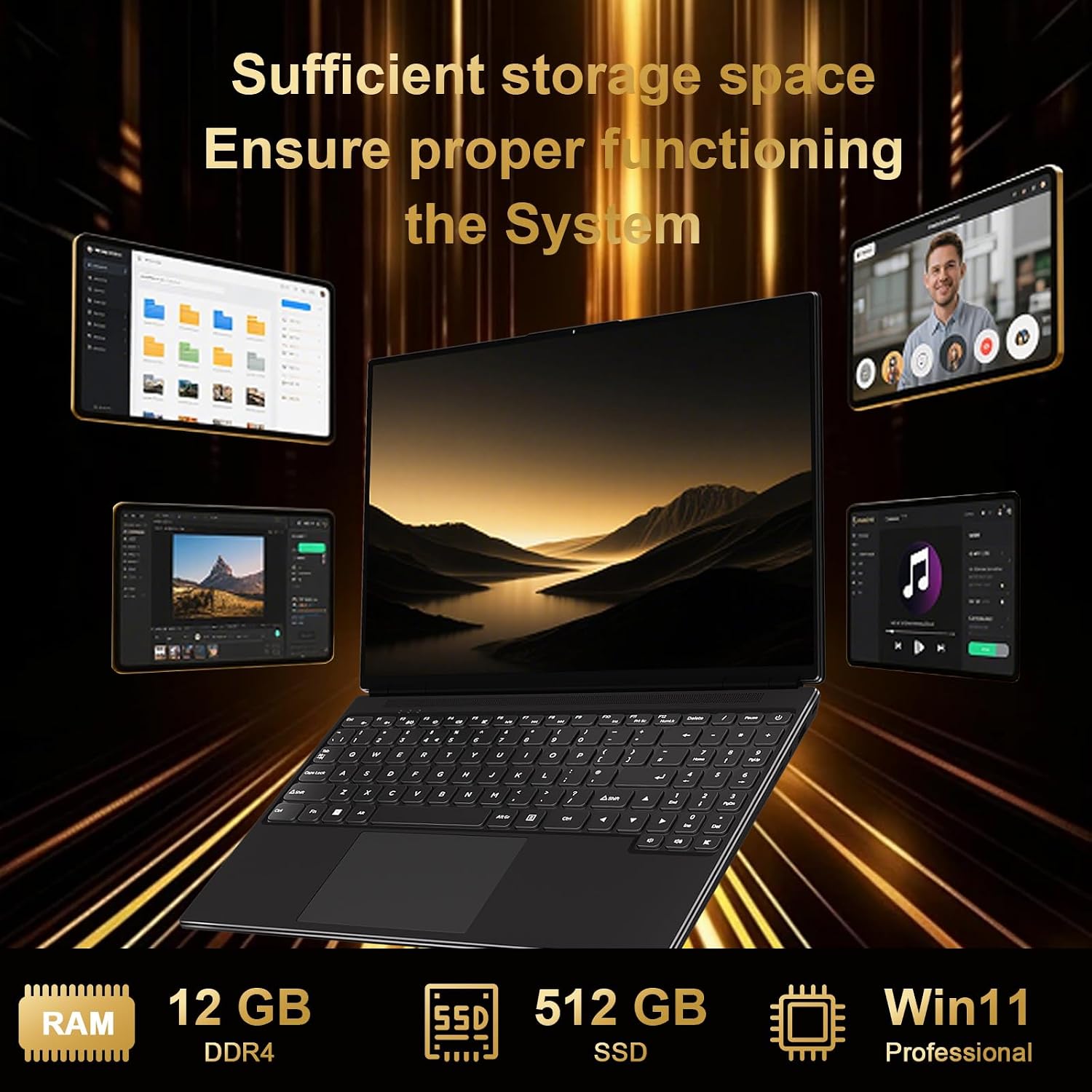 2025 16 Inch Gaming Laptop N5095 (Up to 2.9 GHz) 12GB+512GB SSD Support 1TB Expand Win 11 Laptops 1920 * 1200 FHD Screen 5G WiFi BT 4.2 Webcam Cooling Fan Numeric Keypad -Black
