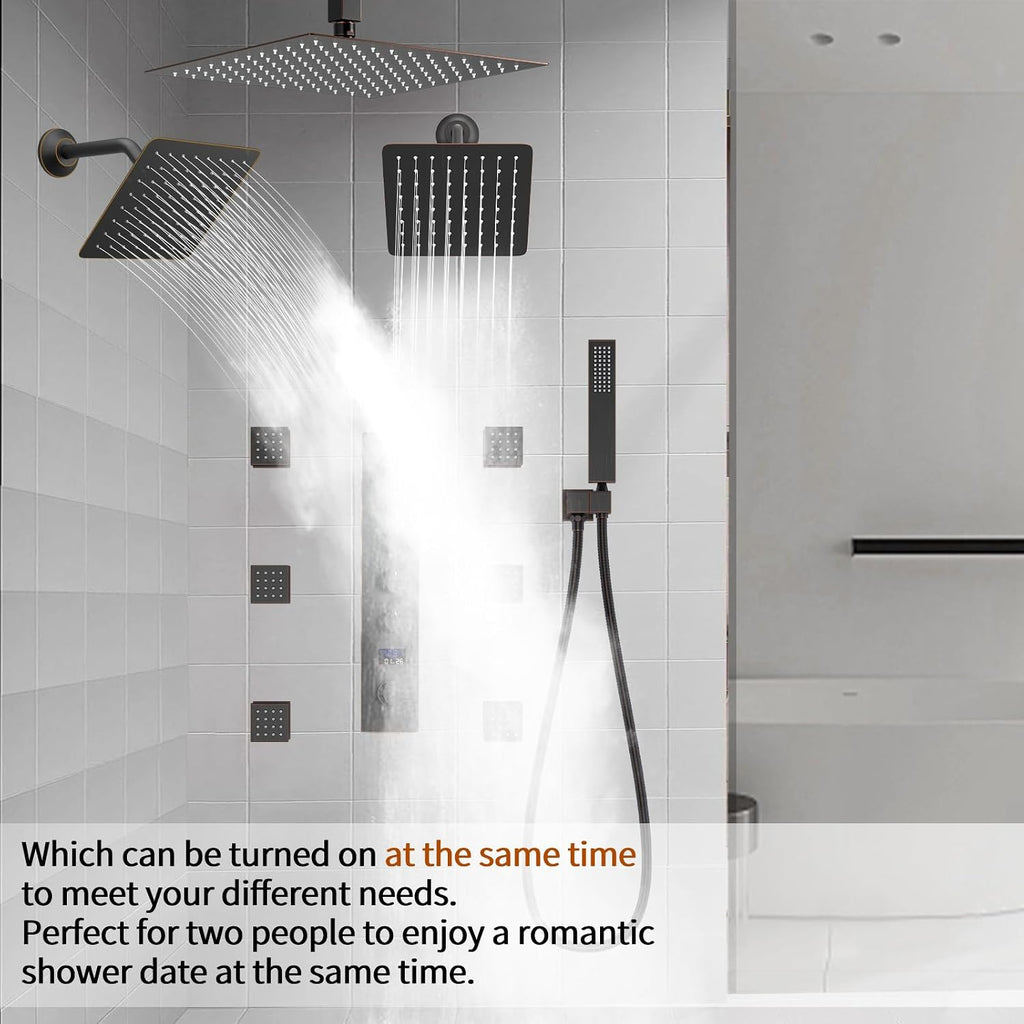 12'+8'+8' Triple Shower Heads Shower System Oil Rubbed Bronze Body Jets Shower Set with Handheld Sprayer and Temperature Display Valve,Full Body Shower System