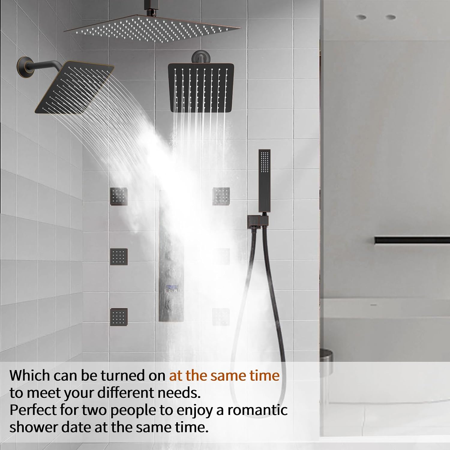 12'+8'+8' Triple Shower Heads Shower System Oil Rubbed Bronze Body Jets Shower Set with Handheld Sprayer and Temperature Display Valve,Full Body Shower System