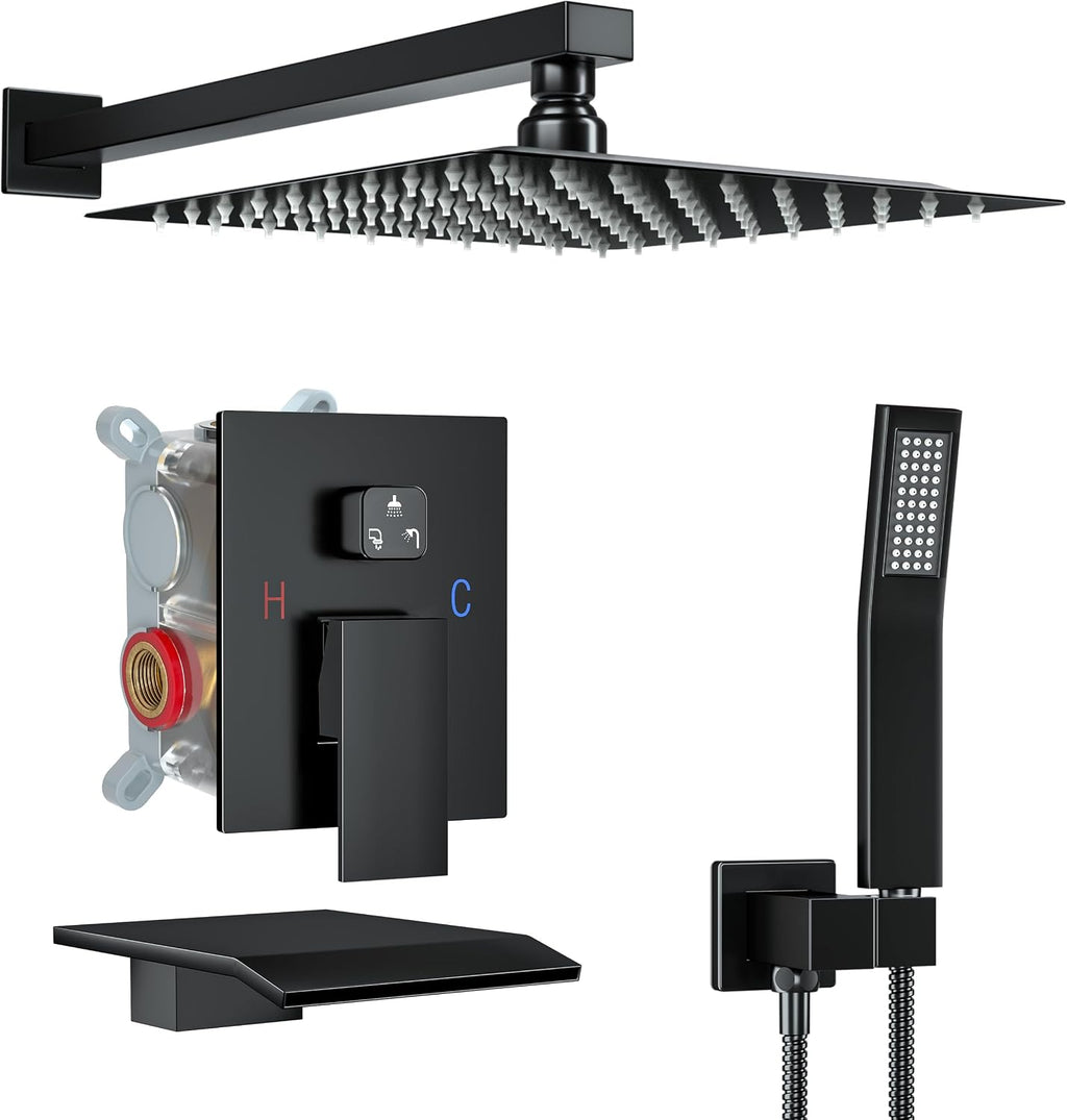12 Inch Shower Faucet Set with Tub Spout Bathroom Shower System with 12 Inch Rain Shower head and Handheld Shower Head Set, Matte Black