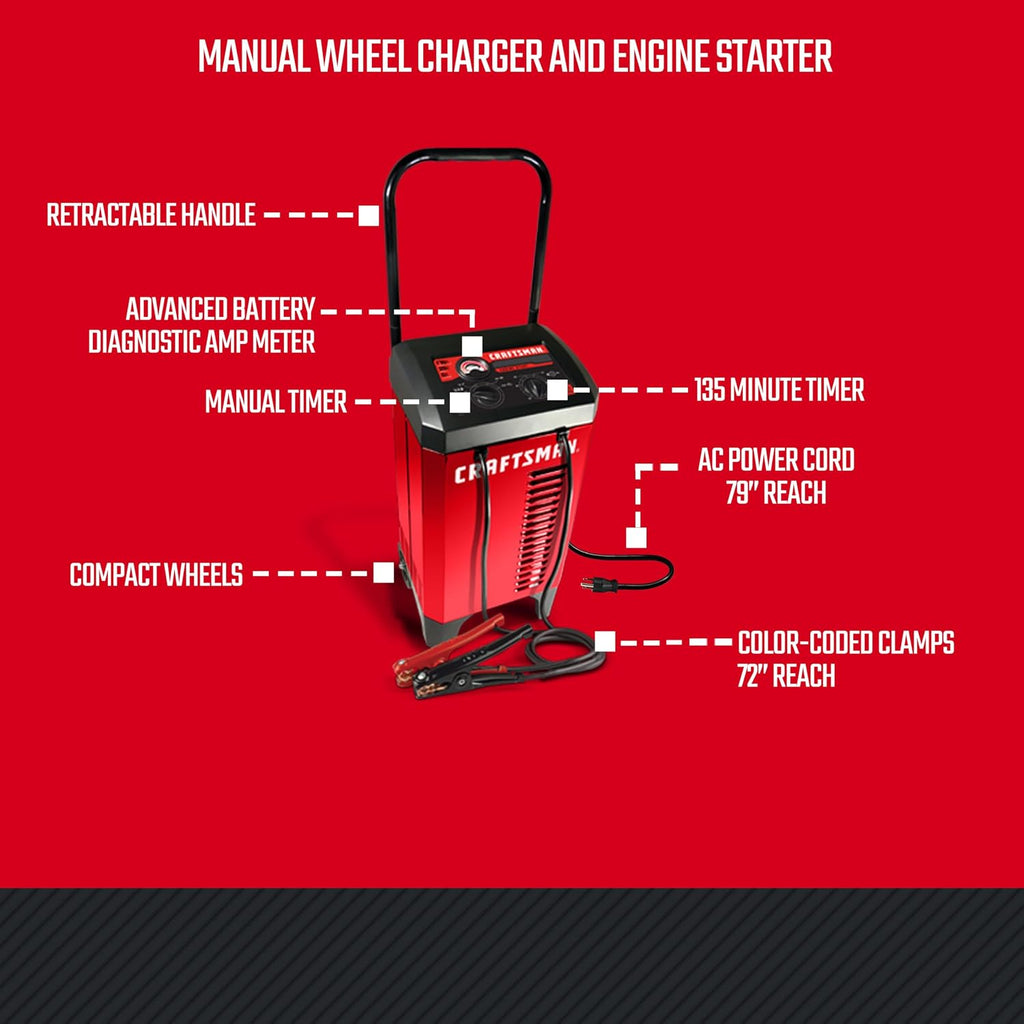 CRAFTSMAN Wheeled Manual 6A Car Battery Charger and 175A Engine Starter, 2-in-1 Solution, Timer-Controlled, 25A Boost, for 12V Power Sport, Automotive, and Marine Batteries, CMXCESM274