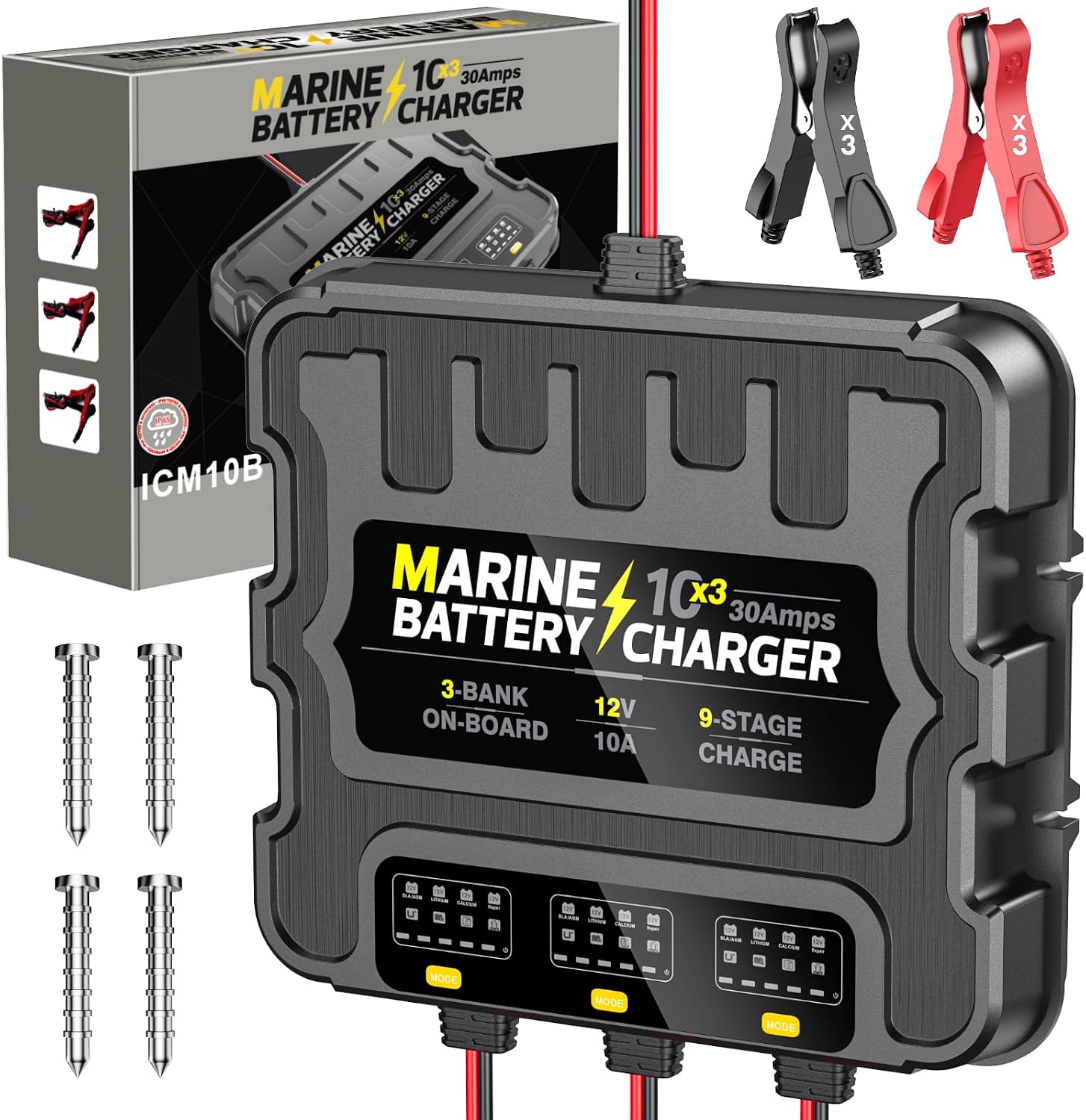 3 Bank Marine Battery Charger 30A (10A/Bank) 10X3, 12V,Waterproof,lifepo4 Boat Battery Charger Maintainer and Desulfator for AGM, Lithium,Deep-Cycle Batteries Boat Accessories
