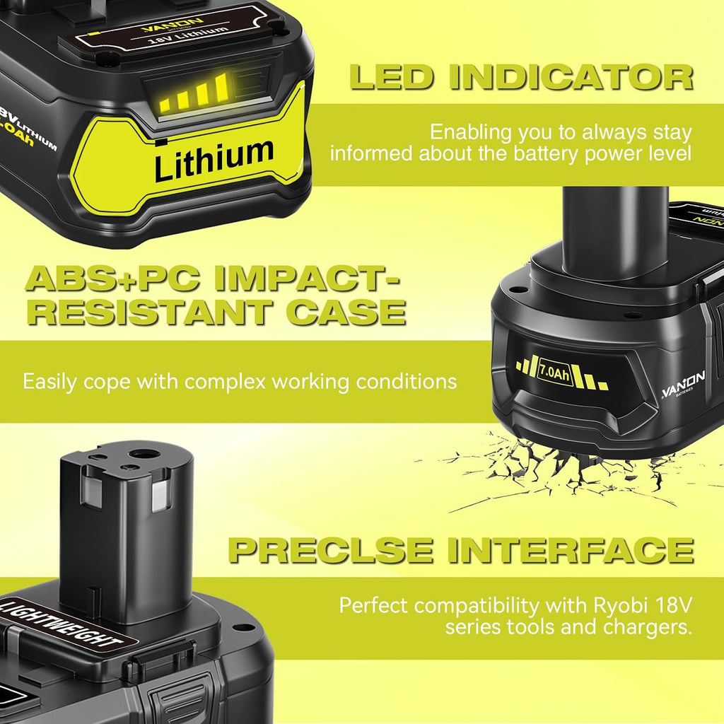 VANON Replacement for Ryobi 18V Battery 7.0Ah Lithium ion 18 Volt Batteries Replacement for Ryobi 18V Cordless Tools P108 P107 P105 P104 P103 6Pack