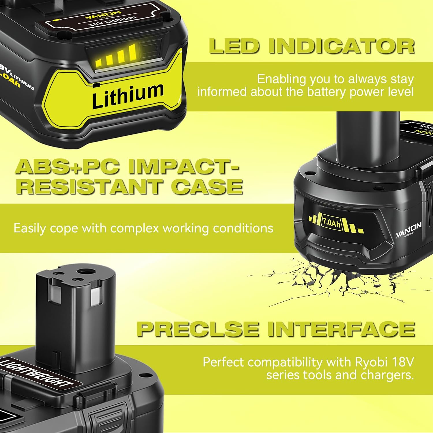 VANON Replacement for Ryobi 18V Battery 7.0Ah Lithium ion 18 Volt Batteries Replacement for Ryobi 18V Cordless Tools P108 P107 P105 P104 P103 6Pack