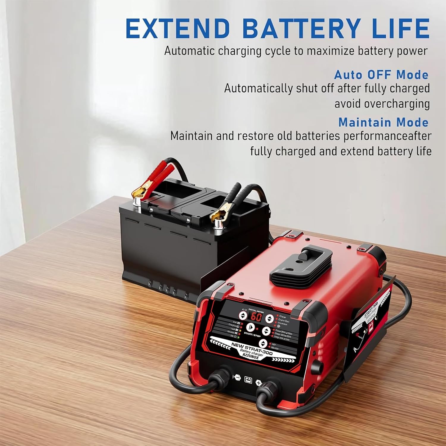 12V 24V Car Battery Charger & Engine Starter, 0-60A Automatic Battery Maintainer, 300 Cranking Amps, Jump Starter & Smart Trickle Charger