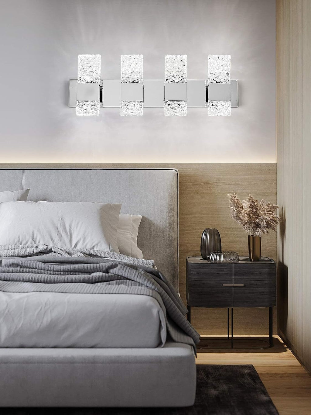 Modern LED Bathroom Vanity Light Fixtures Chrome Stainless Steel 4 Light Wall Sconces Over Mirror 28 Inch 40w Crystal Cool White 5800K Dimmable