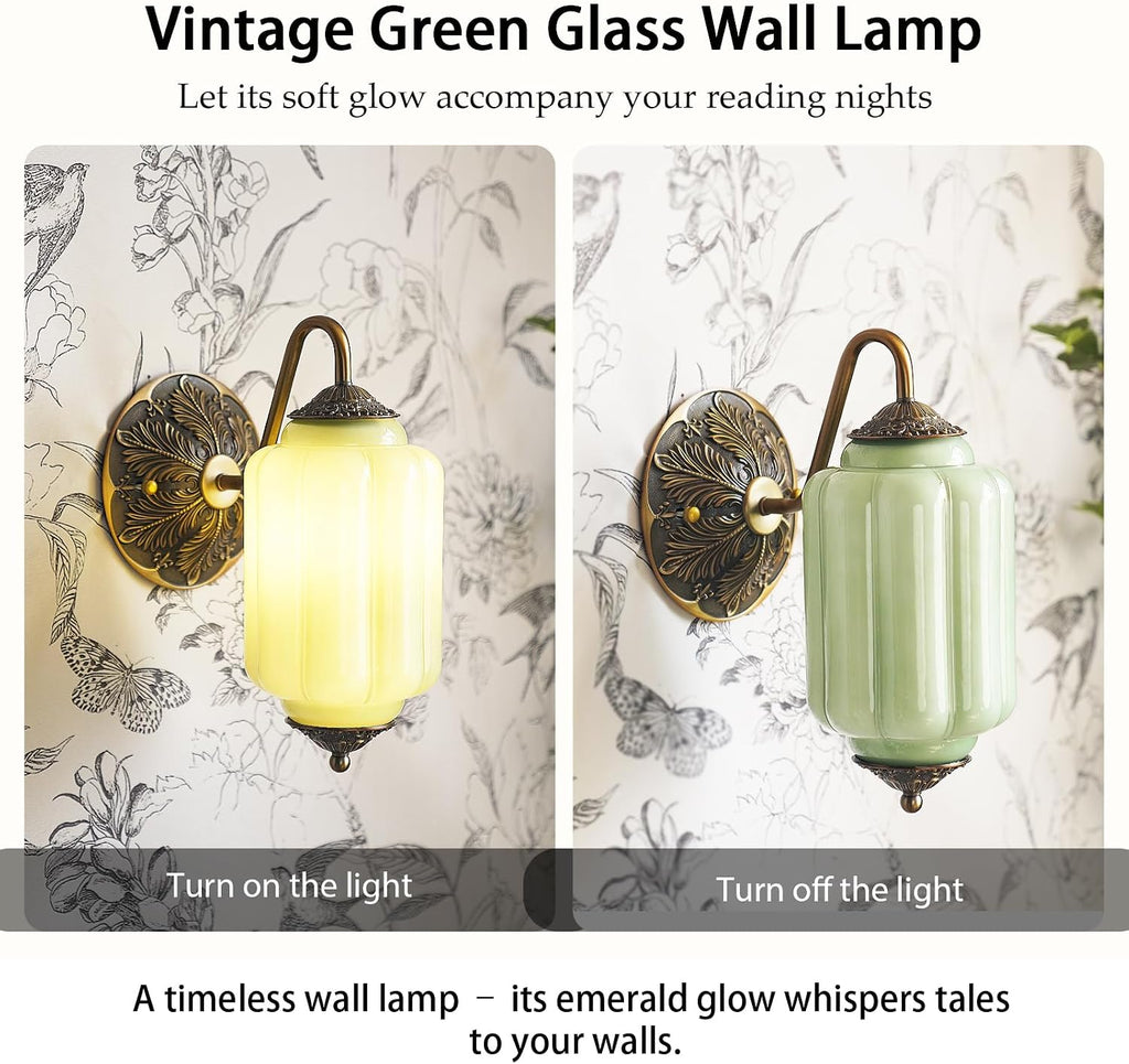2-Pack Antique Gold Milk Glass Wall Sconce - Vintage Green Shade & Brass Finish Base - Indoor Wall Lighting Fixture for Living Room, Bedroom, Bathroom, Hallway, Entryway (2 Pack/Green)