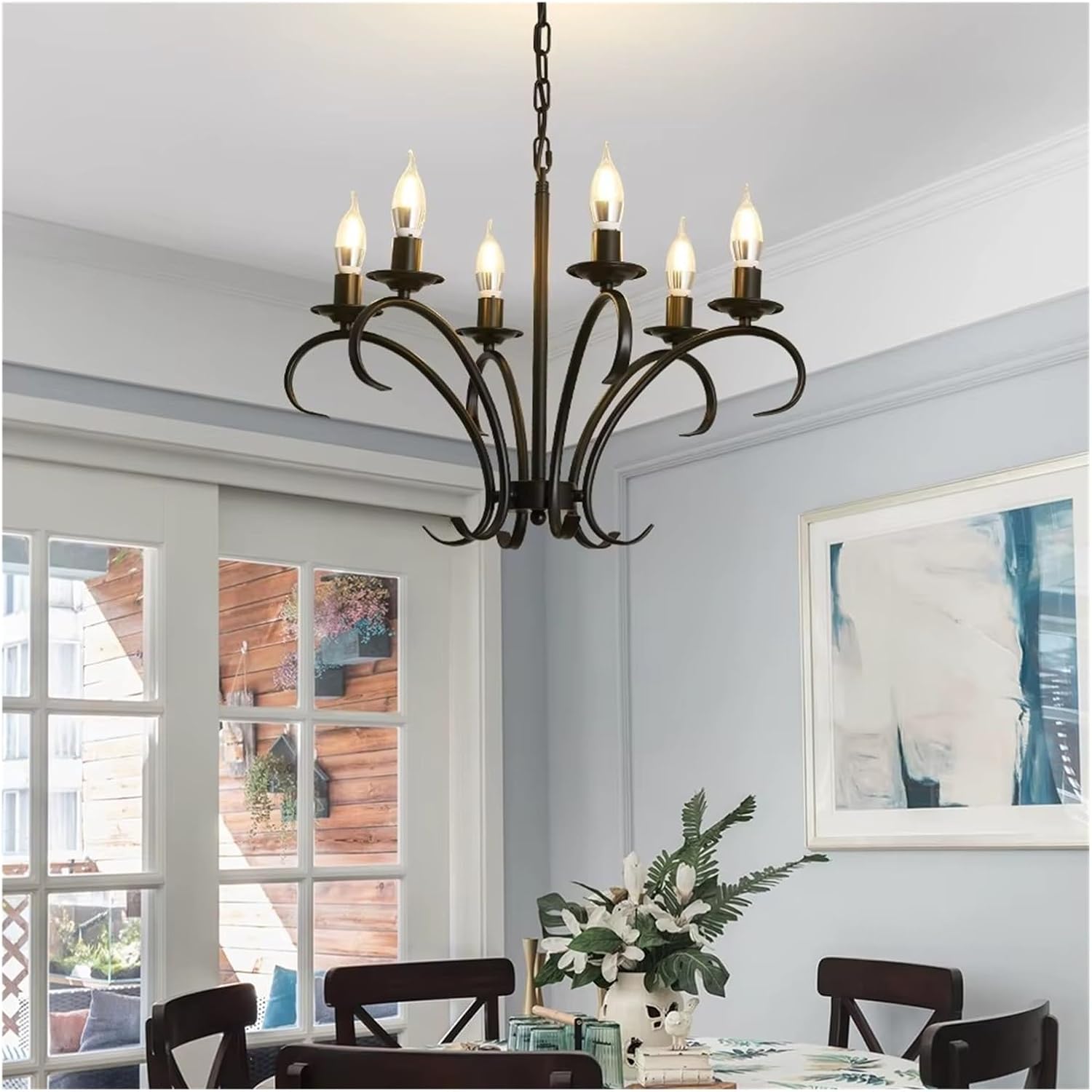 Vintage Wrought Iron LED Chandelier Candle Light Black Metal Lighting Fixture for Living Room Foyer Hanging Pendant Lamp,Dining Light Fixtures