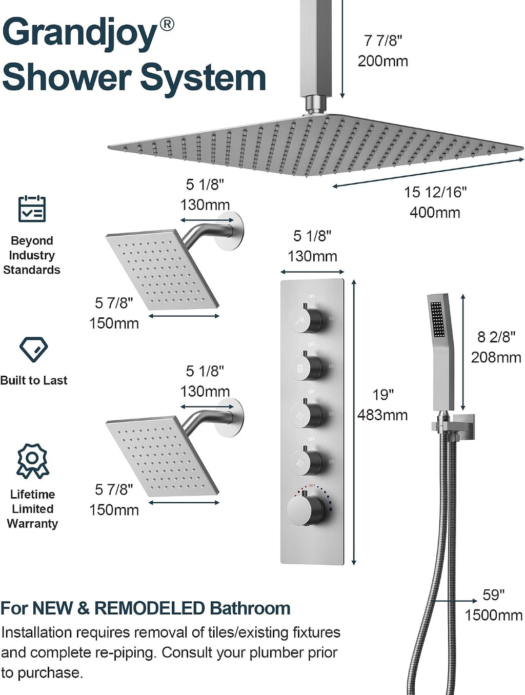 Thermostatic Shower System, 16' Ceiling Mount Rainfall shower Head with Double 6' Shower Head, Brushed Nickel
