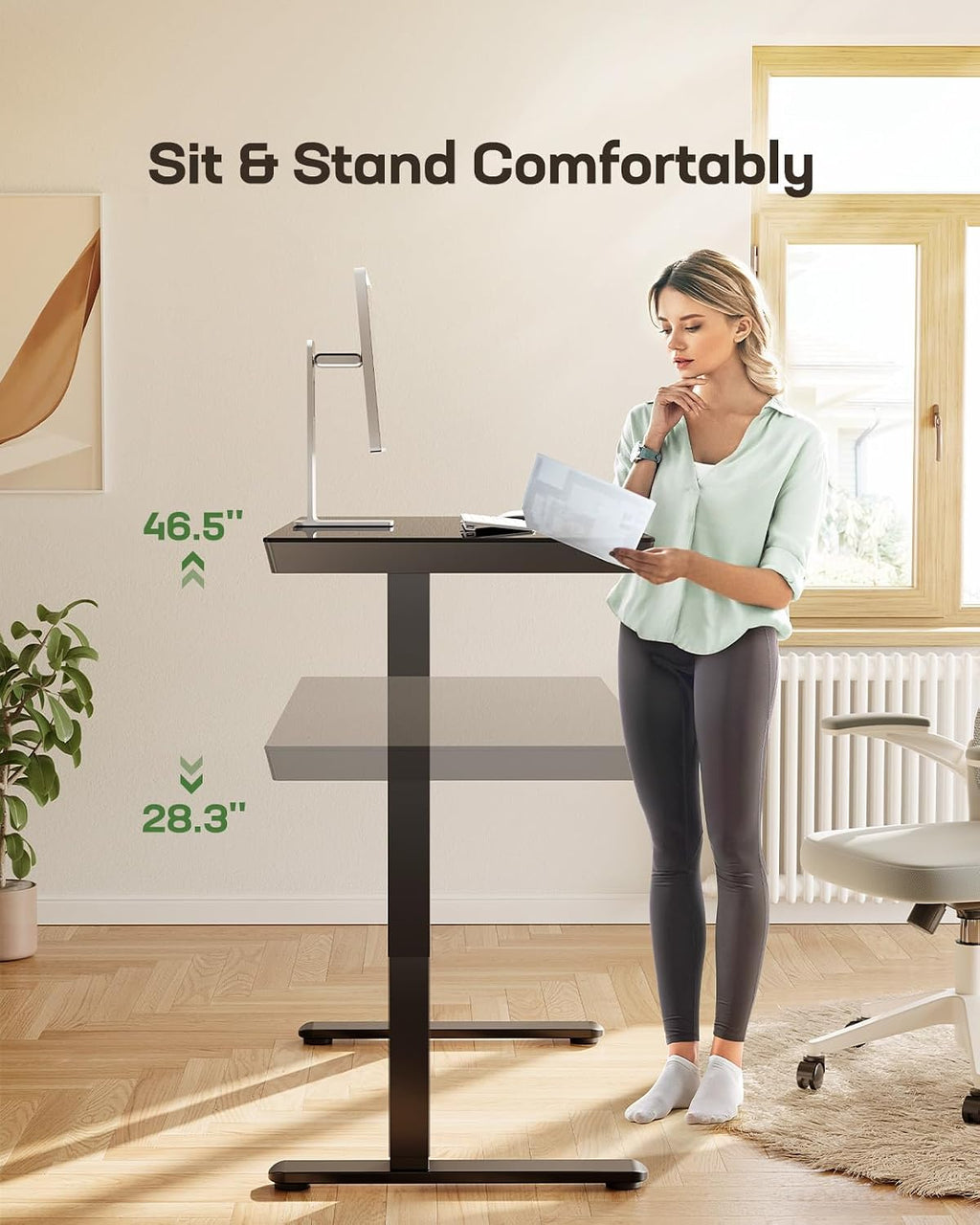 Marsail Glass Standing Desk with Drawer, 48 x 24 inch Electric Standing Desk, Height Adjustable Desk with One-Piece Tabletop & USB Charging Ports, Sit Stand Desk with Storage for Home & Office Black