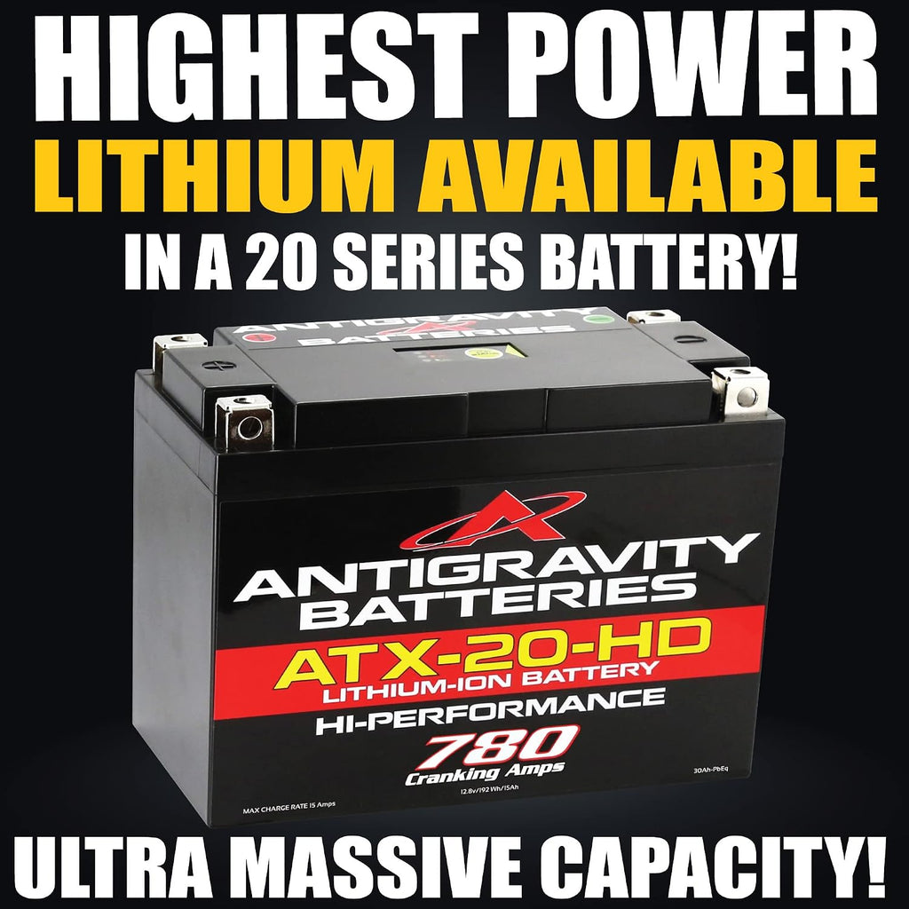 Antigravity ATX20-HD Lithium Motorcycle Battery, 780 Cranking Amps, 15Ah, YTX20 Replacement, Heavy Duty 12V Powersport Battery for Touring Motorcycles, ATV, UTV