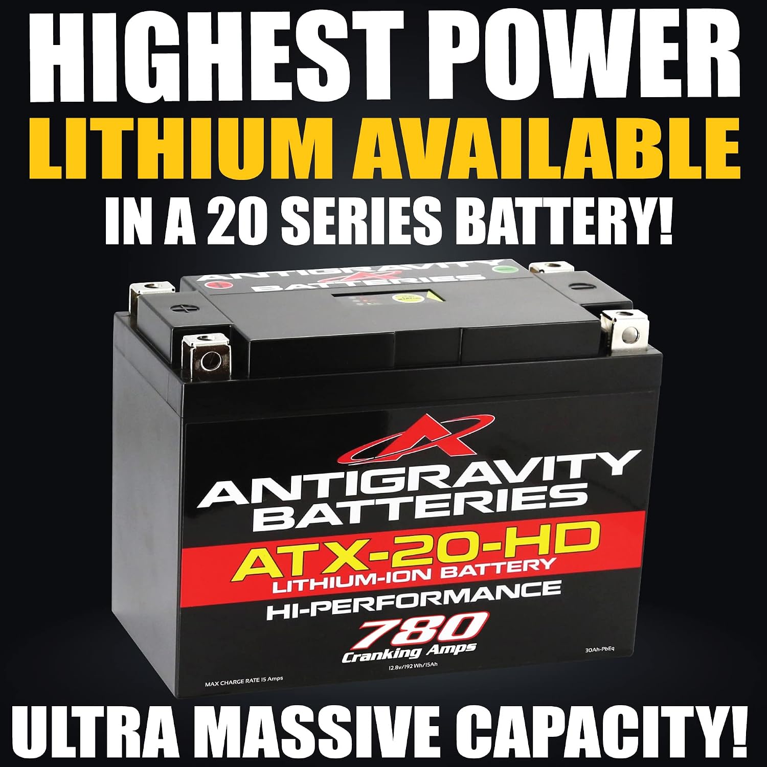 Antigravity ATX20-HD Lithium Motorcycle Battery, 780 Cranking Amps, 15Ah, YTX20 Replacement, Heavy Duty 12V Powersport Battery for Touring Motorcycles, ATV, UTV