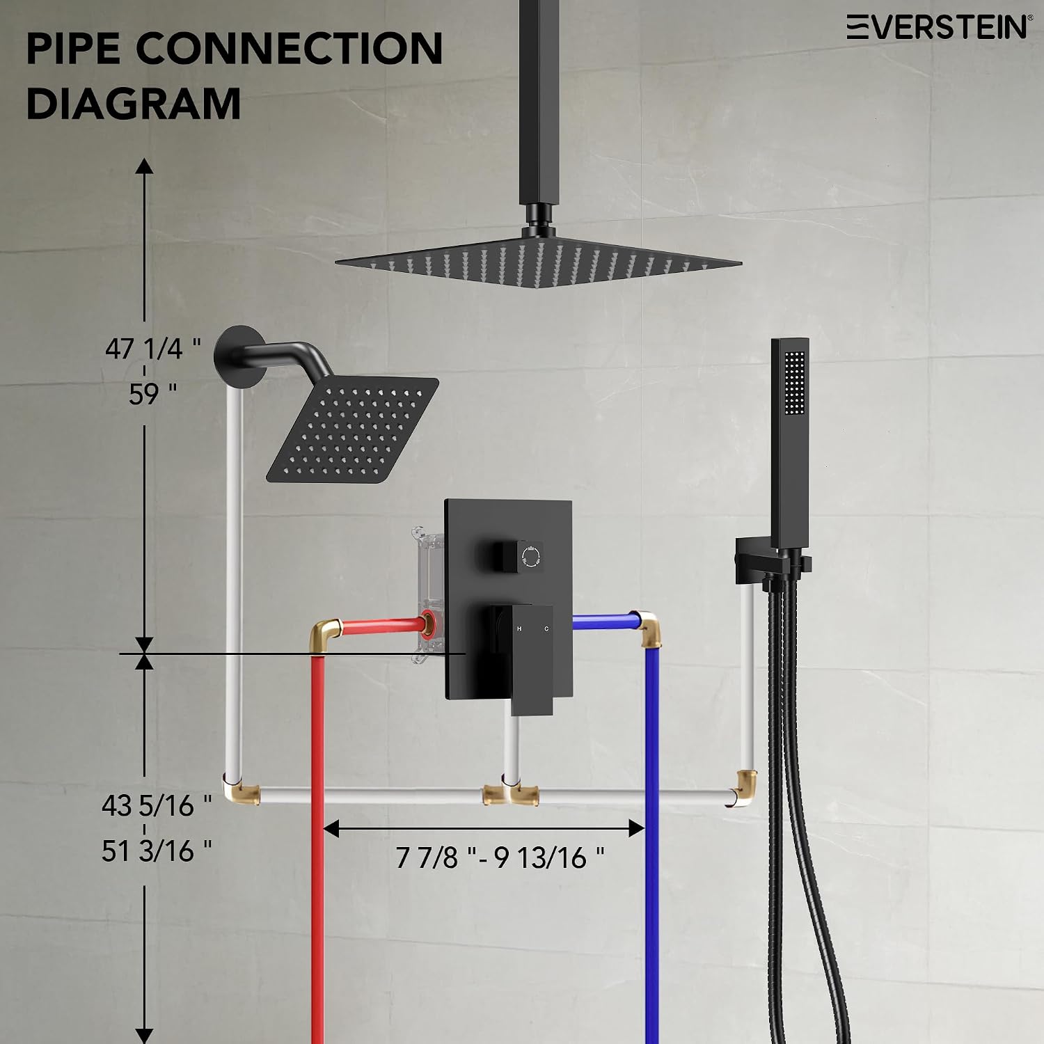 10' High-Pressure Rainfall Shower Faucet, Celling Mount Dual Shower Head System, Matte Black