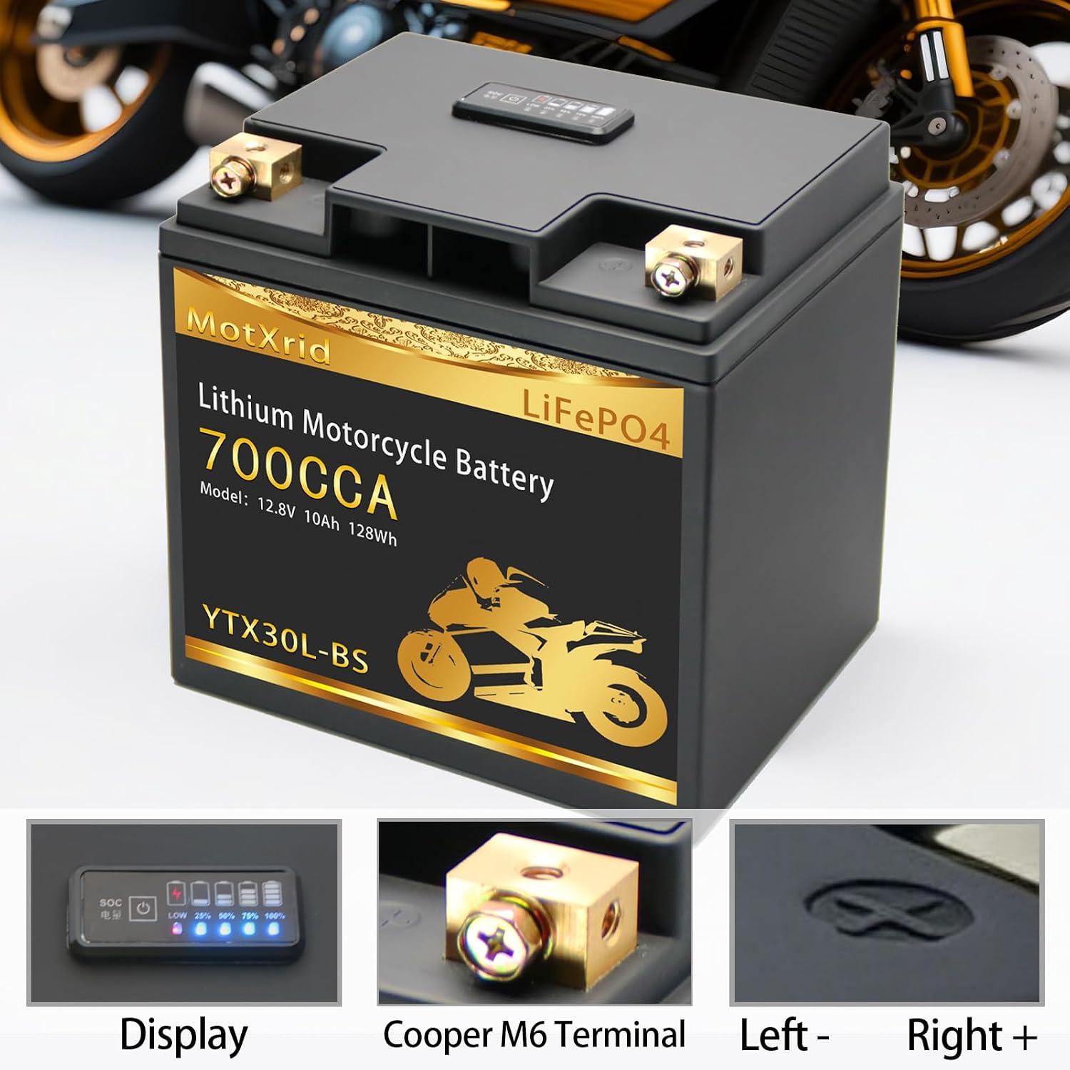 YTX30L-BS 700A Lithium LiFePO4 Powersport Start Motorcycle Battery, 12.8V 10AH, For UTV,ATV,Jet Ski, PWC,Scooter,Riding Lawn Mower,Tractor,Snowmobile,Quad,Intelligent BMS,Digital Readout