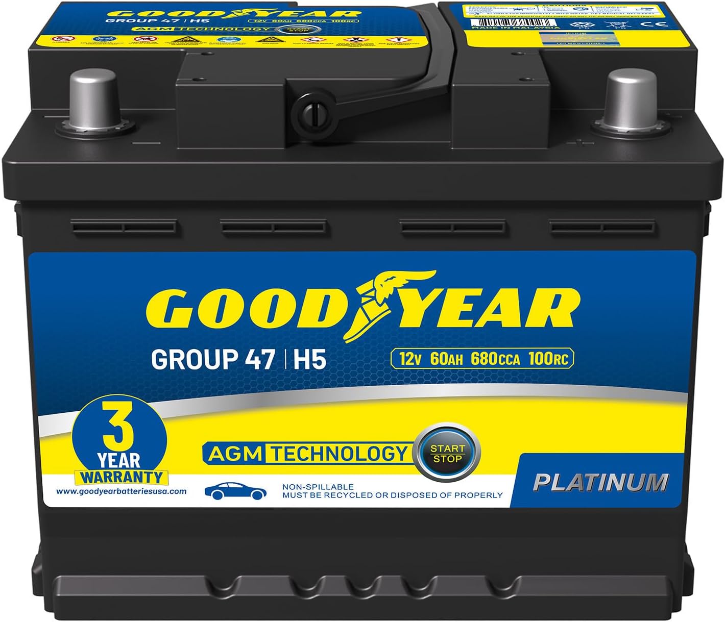 Goodyear 47-H5-AGM BCI Group Size 47 12V 60 AH, 100RC, 680 CCA Platinum series Rechargeable AGM Maintenance Free Automotive Battery