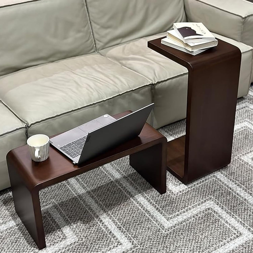C Shaped End Table, Solid Wood Sofa Side Table for Couch, Bed, and Living Room, Space-Saving Small Snack Table for Bedroom, Office, or Balcony, Wooden Nightstand for Laptop and Narrow Spaces