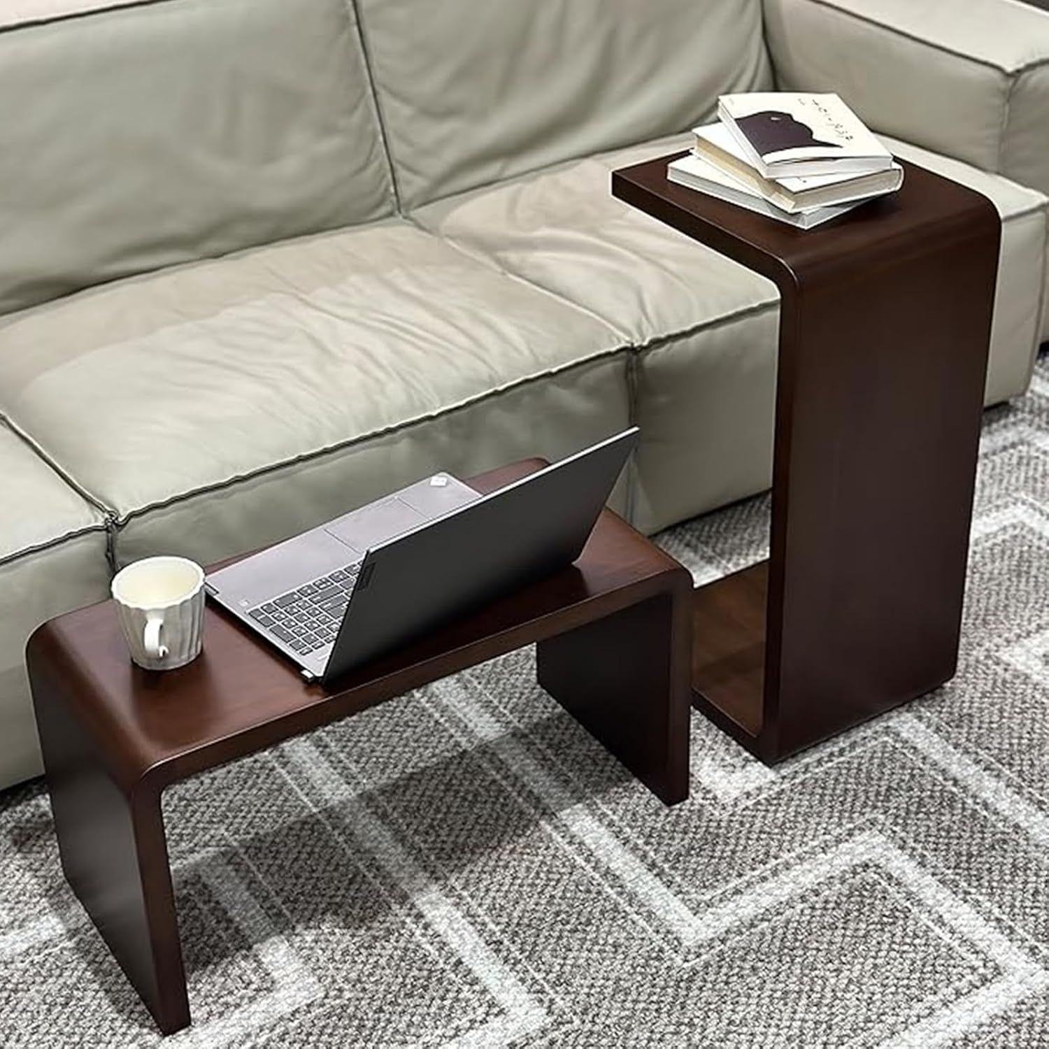 C Shaped End Table, Solid Wood Sofa Side Table for Couch, Bed, and Living Room, Space-Saving Small Snack Table for Bedroom, Office, or Balcony, Wooden Nightstand for Laptop and Narrow Spaces
