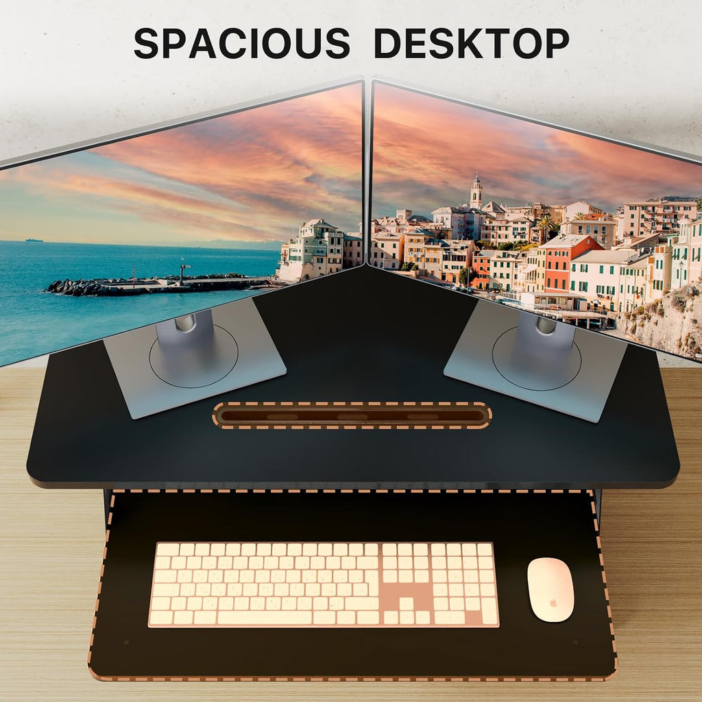 JOY worker Standing Desk Converter, 32' Wide Height Adjustable Sit Stand Up Desk Riser with Keyboard Tray, Desktop Workstation Riser for Home Office Computer Laptop, Particle Board, Black