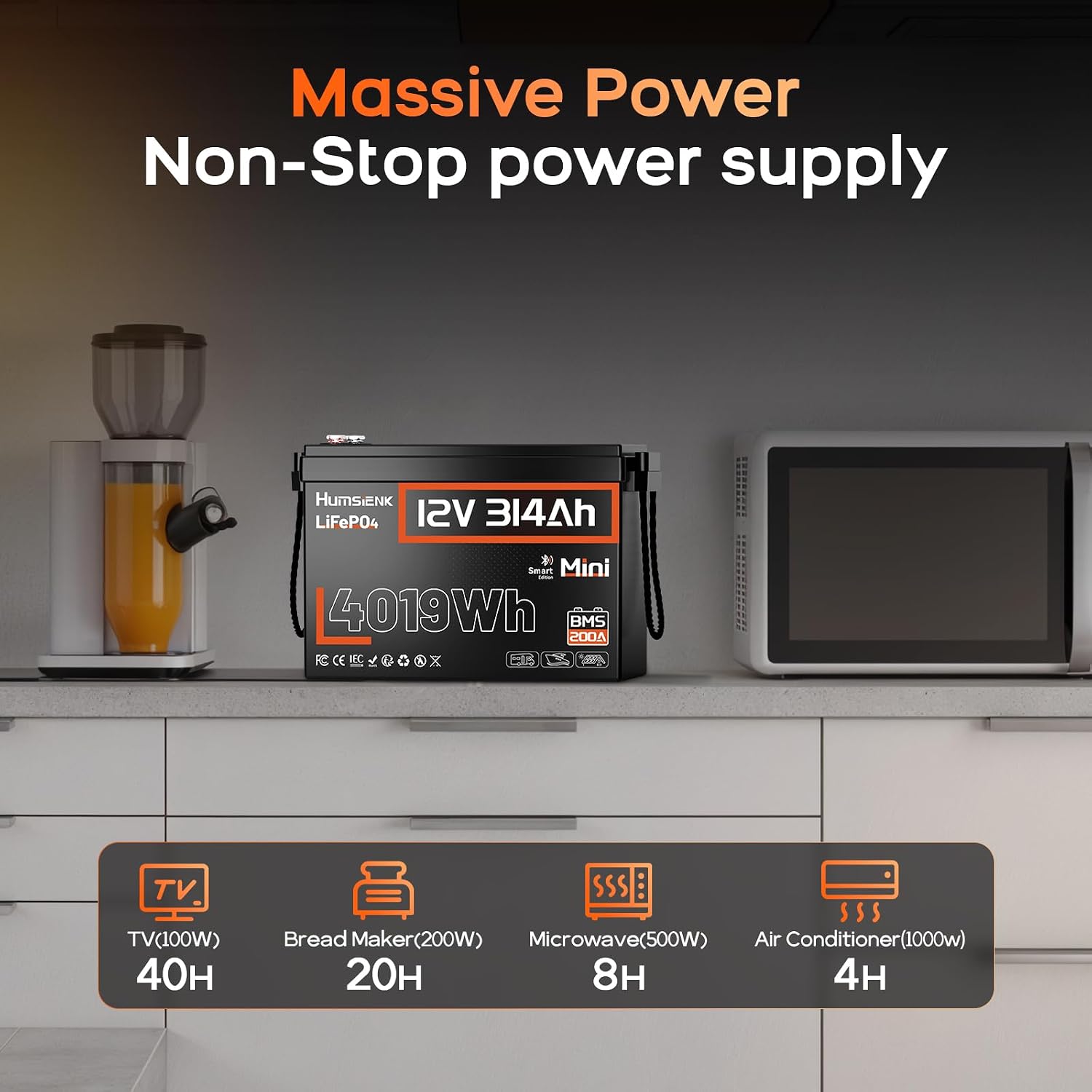 HumsiENK 12V 300Ah (314Ah) LiFePO4 Lithium Battery Mini Size, Bluetooth 200A BMS, 15000+ Deep Cycles, Low-Temp Protection – for RV, Marine, Solar, Off-Grid, Home Backup (Compact & Lightweight)
