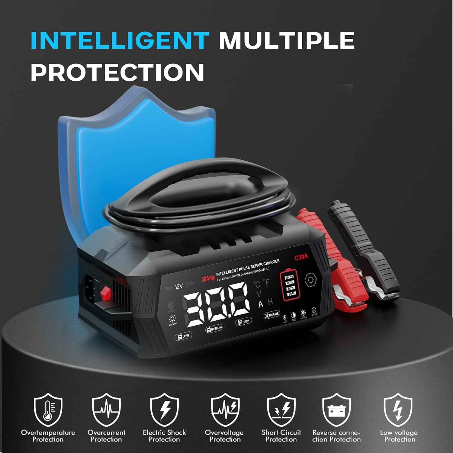 Haisito 30 Amp Car Battery Charger, 12V/24V Lithium LiFePO4 Battery Charger Automatic Battery Maintainer, Portable Smart Trickle Charger for Automotive Car Truck Motorcycle Lawn Mower Boat AGM Gel