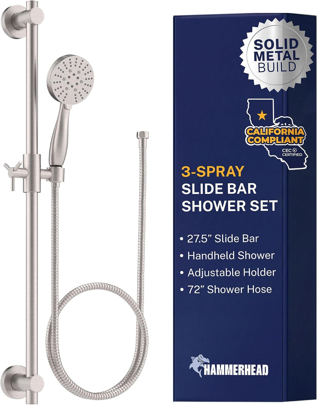 HammerHead Showers Solid Metal 27.5 Inch Shower Slide Bar with 3-Spray Handheld Shower Head with Long Hose and Holder, 1.75 GPM Low Flow Shower Head, Brushed Nickel