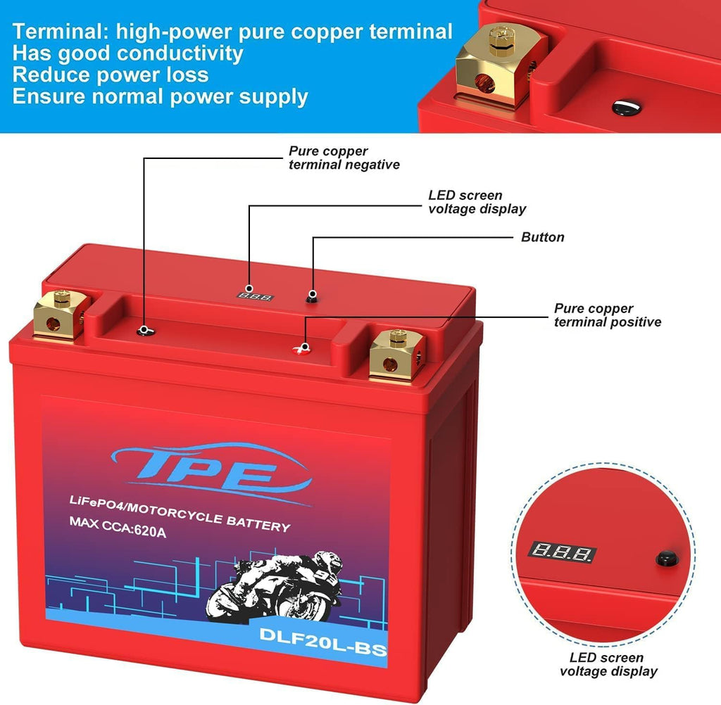 YTX20L Lithium Battery 12V 9Ah 620CCA LiFePO4 Motorcycle Battery, High Power, Lightweight, Maintenance Free, Replaces
