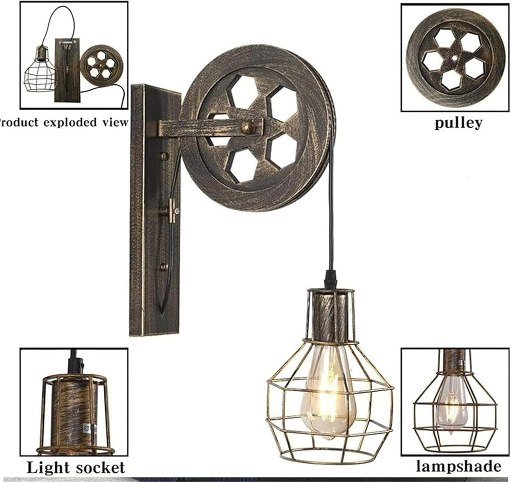 Wall Lamps & Sconces Industrial Pulley Wall Sconce Vintage Style Wrought Iron Cage Wall Lamp with Wheel Arm and Cylinder Shade Mid-Century Wall Lighting Fixture Black Wall Mounted Light for Bed(A)