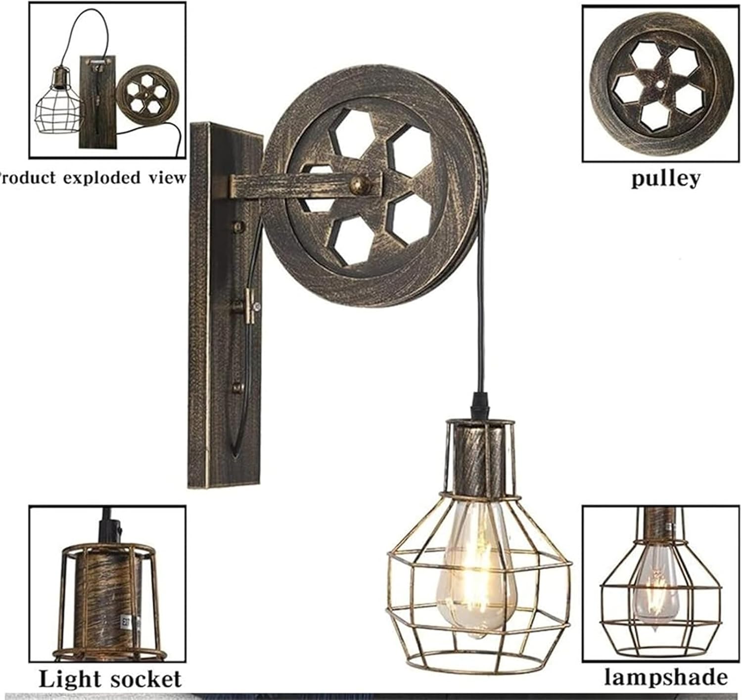 Wall Lamps & Sconces Industrial Pulley Wall Sconce Vintage Style Wrought Iron Cage Wall Lamp with Wheel Arm and Cylinder Shade Mid-Century Wall Lighting Fixture Black Wall Mounted Light for Bed(A)
