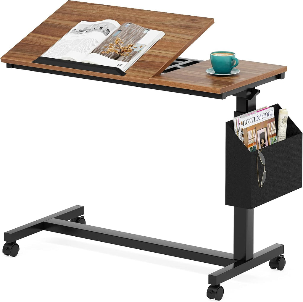 Tribesigns Height Adjustable C Shaped End Table with Wheels and Side Pocket, Mobile Sofa Snack Table with Tiltable Drawing Board, Laptop Side Tray Table for Couch Bed (Walnut Brown)