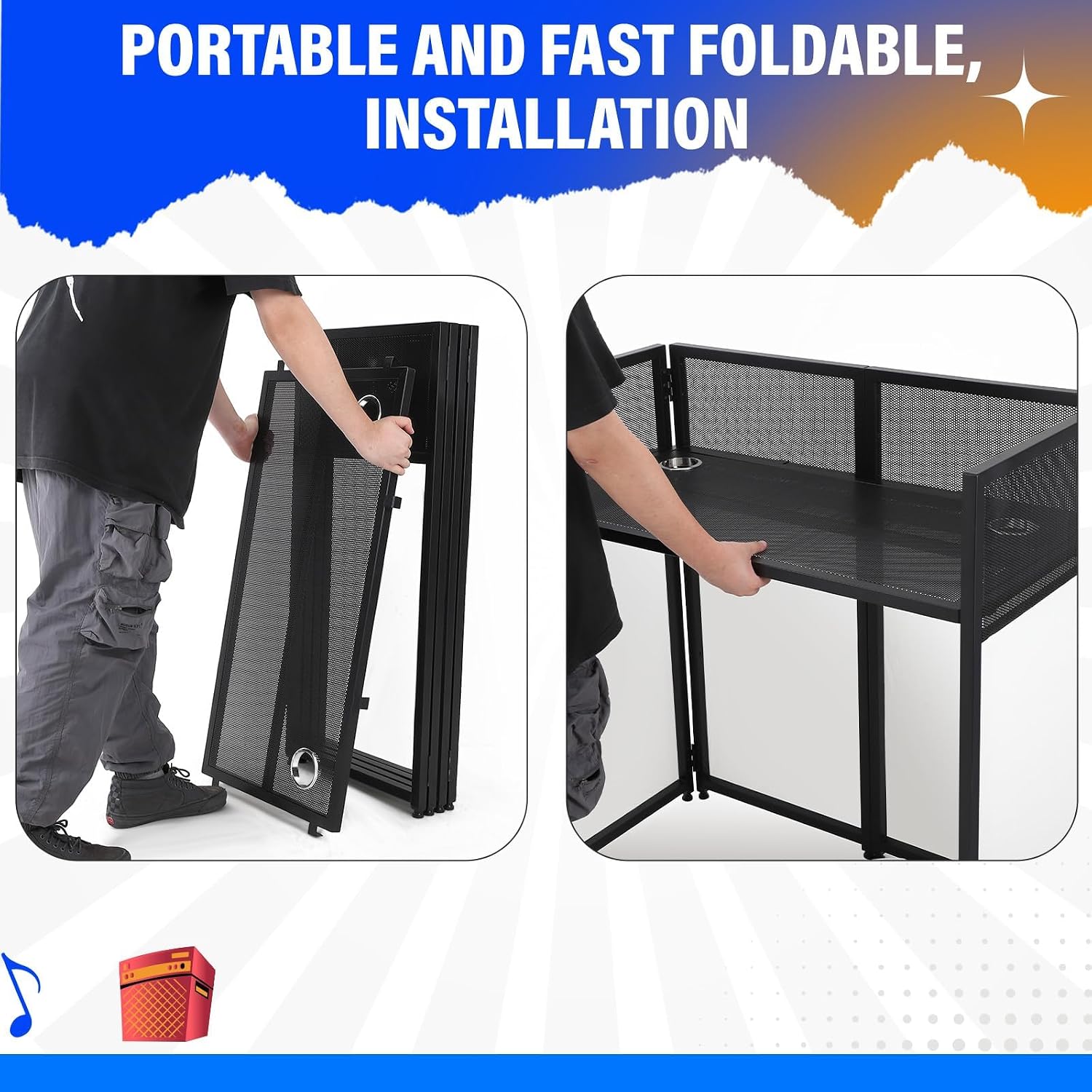 Portable DJ Facade Booth,52'L x 48'H x 26'W DJ Table Facade With White & Black Scrim,Foldable Metal Frame DJ Table Stand Station With Adjustable Feet for Party