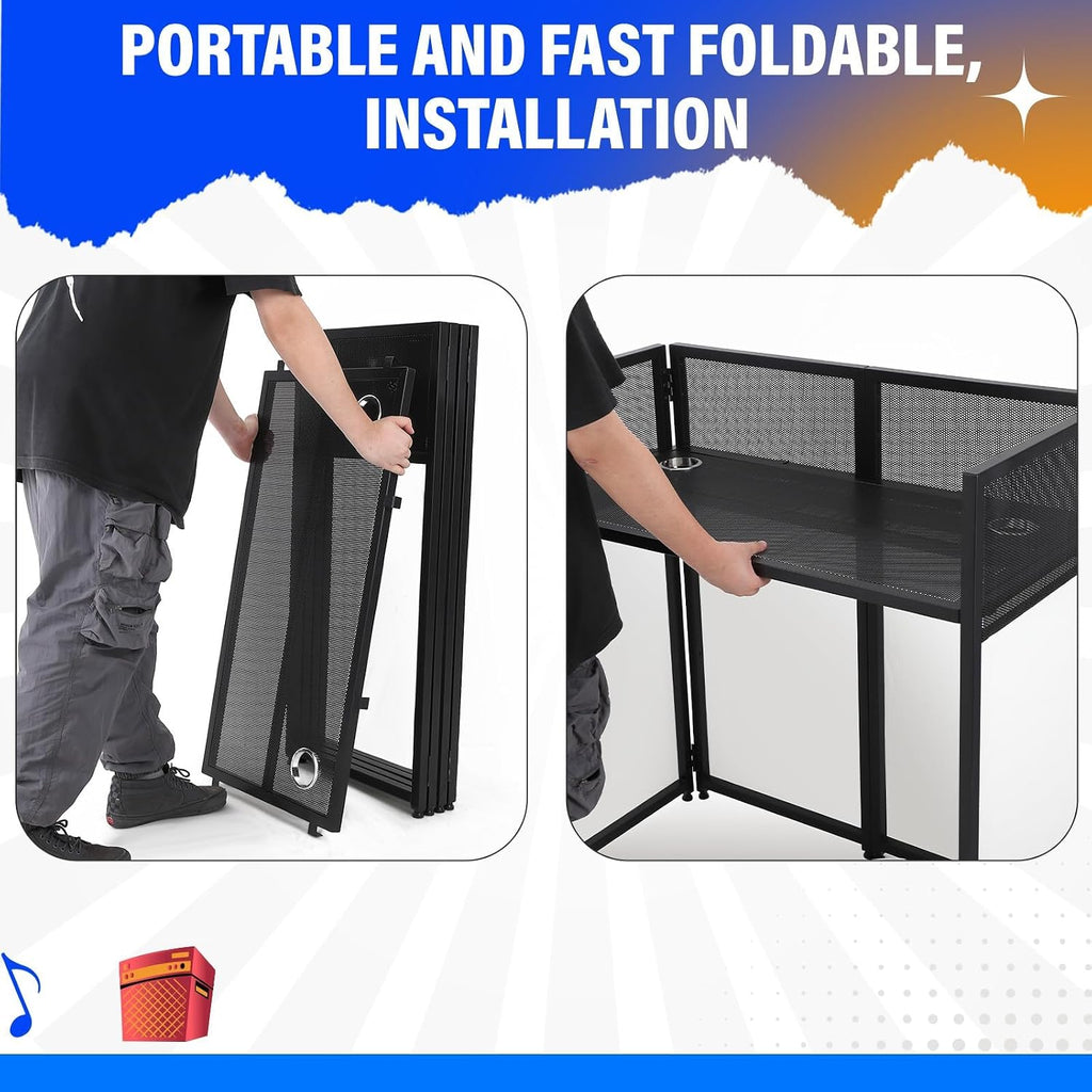 Portable DJ Facade Booth, Foldable DJ Table Station With White & Black Lighting Scrim,50 in L x48 in Hx 25 in W DJ Stand Booth,With Adjustable DJ Event Facade Feet for Party, Black Metal Frame