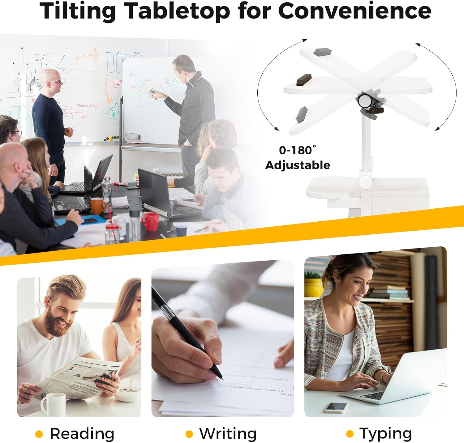 Giantex Mobile Podium Stand, Sit-to-Stand Laptop Cart with Tilting Tabletop & Storage Cabinet, Lockable Casters, Height-Adjustable Rolling Lectern for Classroom, Church, Home Office (White, 2 Pack)