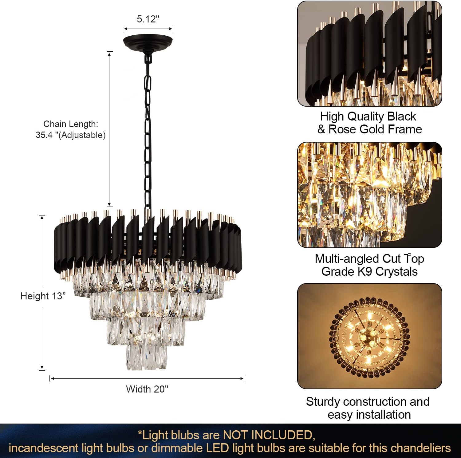 AXILIXI Modern Crystal Chandelier - 20' Crystal Ceiling Pendant Light 4 Tier Raindrop Flush Mount Chandelier in Black and Gold for Entryway, Foyer, Dining Room