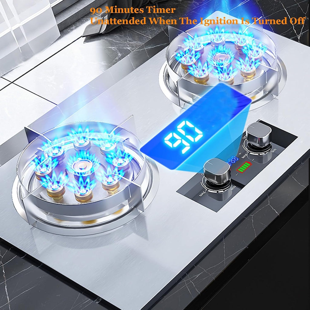 Gas Stove,17760 BTU Stainless Steel Tabletop/built-in Gas Cooktop 2 Burners,Nine-chamber High Flame,Timer Off LPG/NG (Size : LPG), 18648