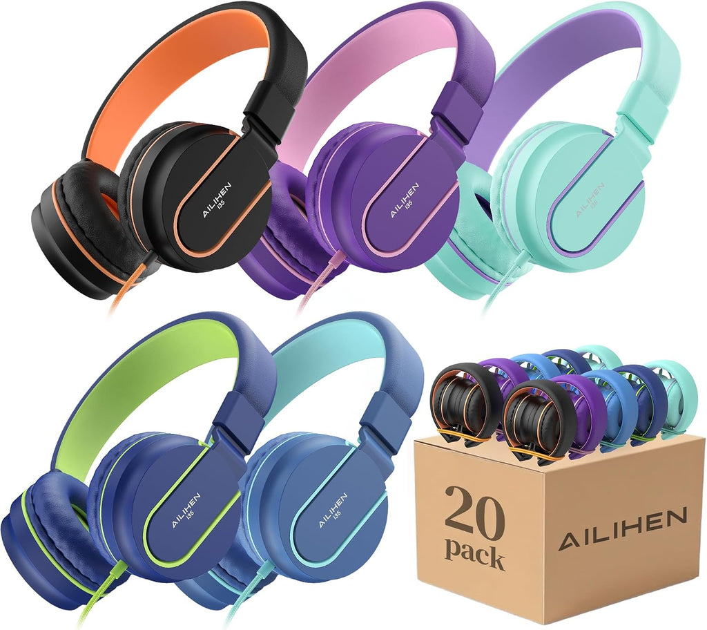AILIHEN Classroom Headphones Kids Headphones for K-12 School Class Sets (20 Pack), On-Ear Premium Student Durable Bulk Headphones - 93dB Volume Limited, 3.5mm Jack for Chromebooks Laptop Computer