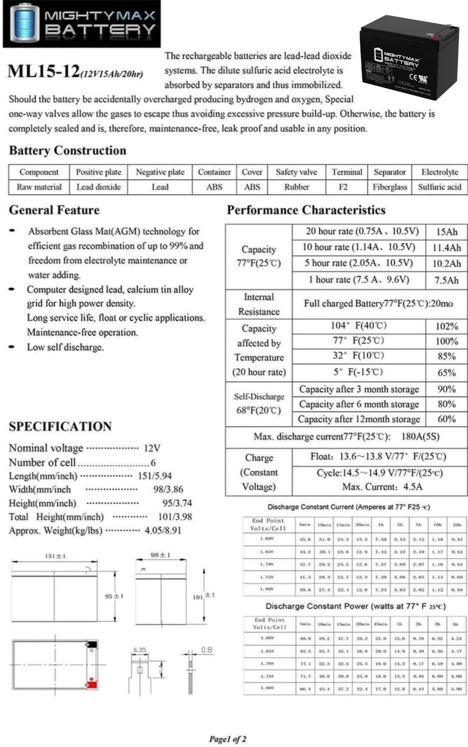 Mighty Max Battery ML15-12 - 12V 15AH SLA Battery - Pack of 6