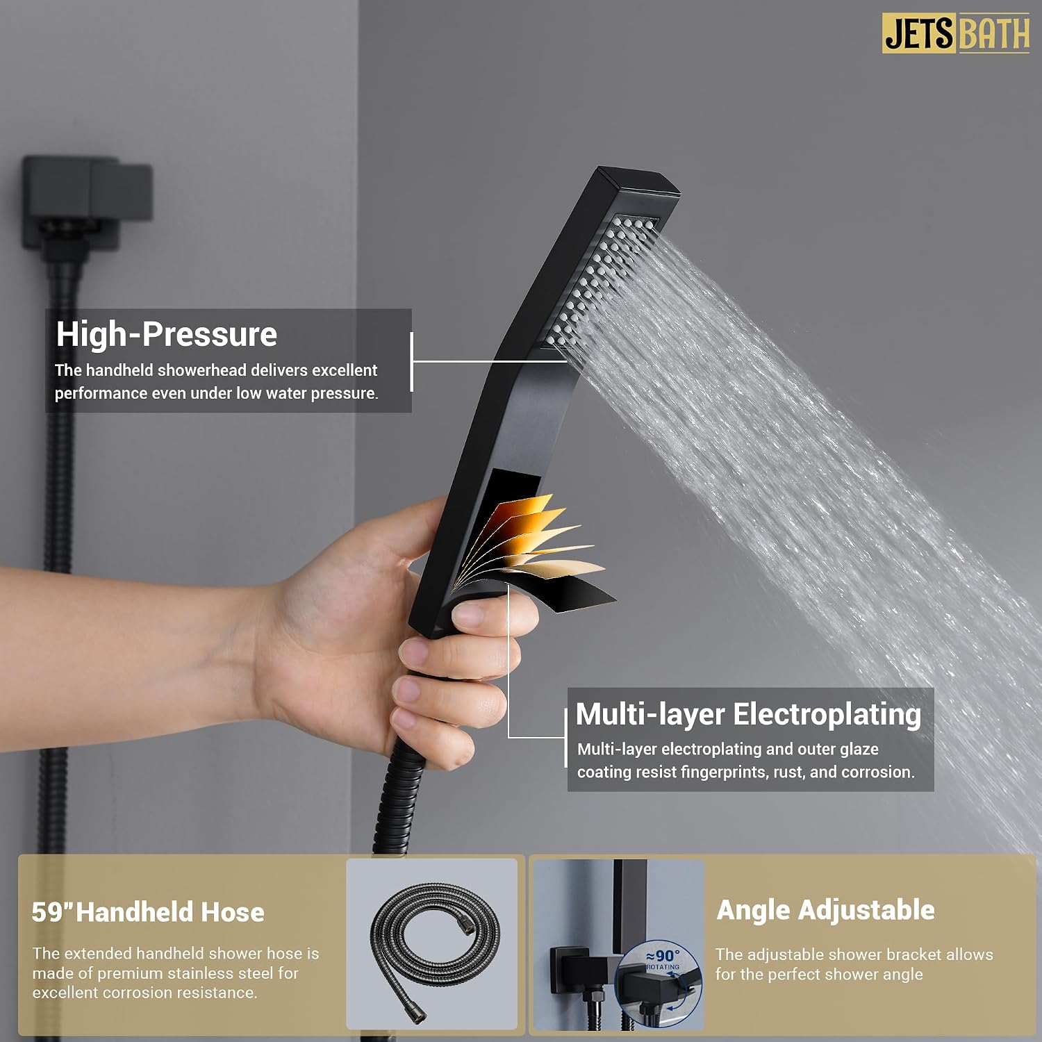16' Thermostatic Rain Shower System with 6 Body Jets & 16-Inch Rainfall Shower Head, JetsBath Full Body Shower Faucet Sets with Valve & Handheld, Matte Black Luxury Wall Mount Shower Faucet Set